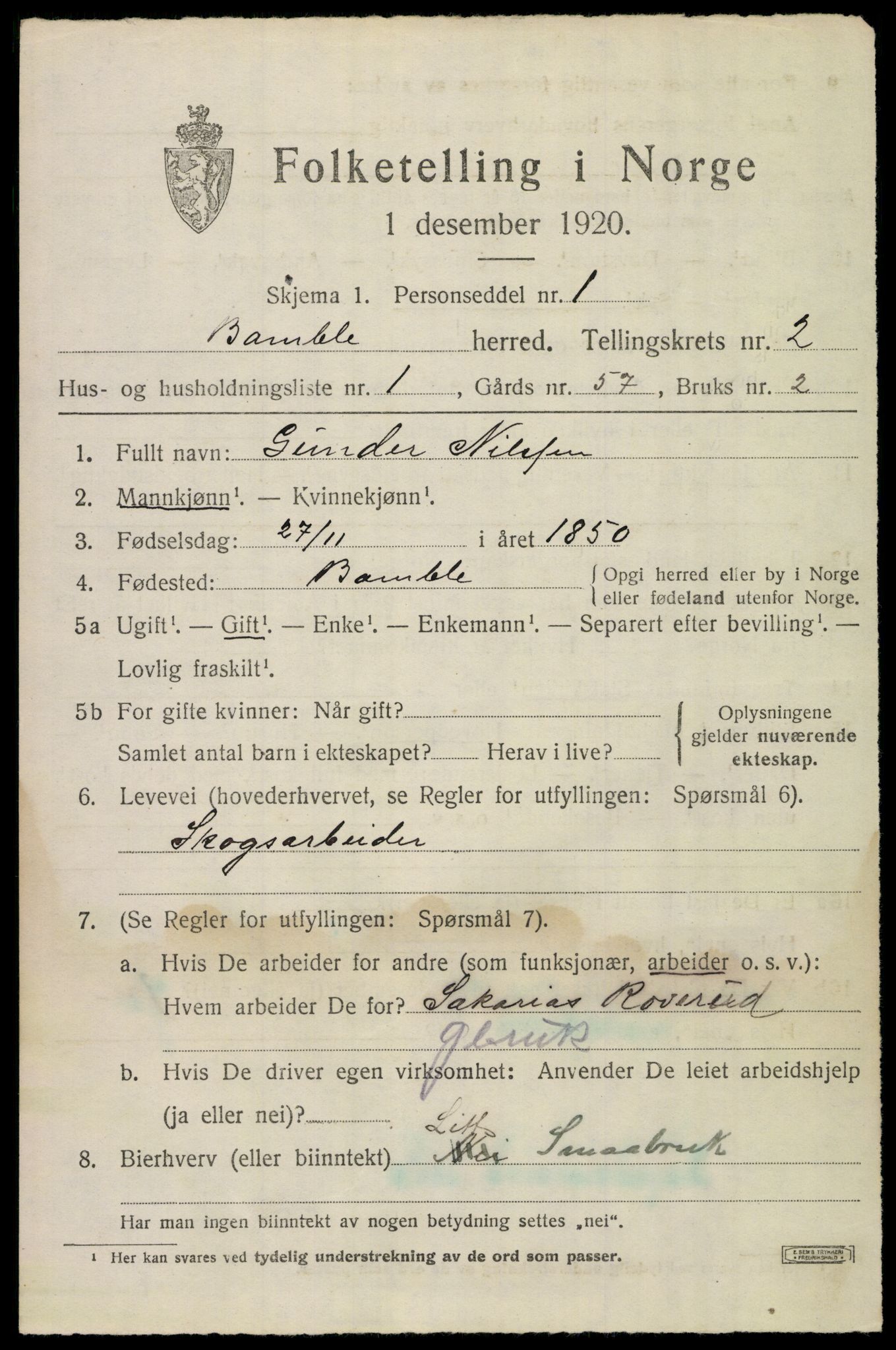 SAKO, 1920 census for Bamble, 1920, p. 2847