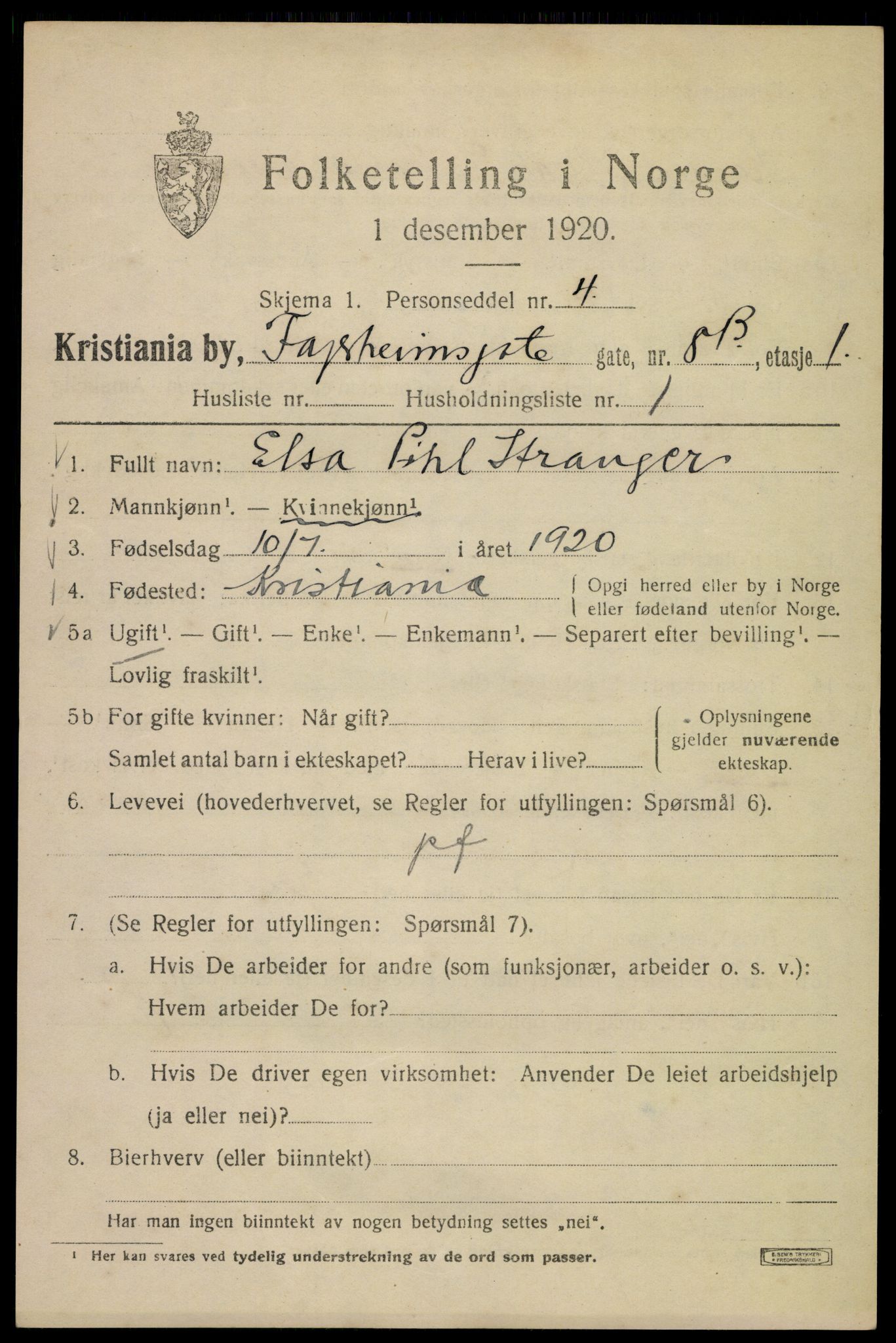 SAO, 1920 census for Kristiania, 1920, p. 225333