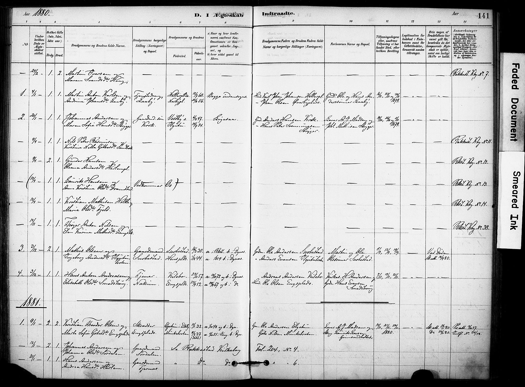 Rakkestad prestekontor Kirkebøker, AV/SAO-A-2008/F/Fb/L0001: Parish register (official) no. II 1, 1878-1899, p. 141