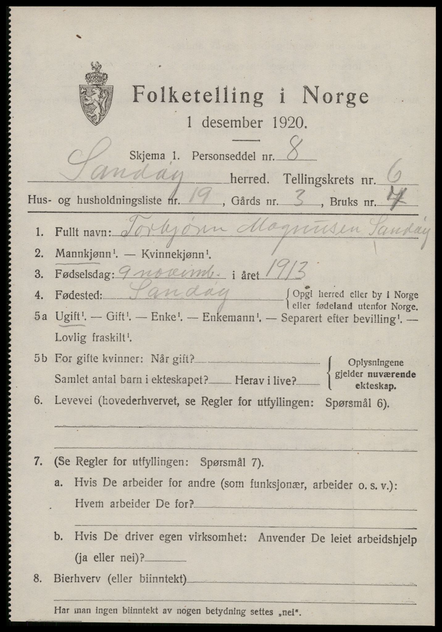 SAT, 1920 census for Sandøy, 1920, p. 2294