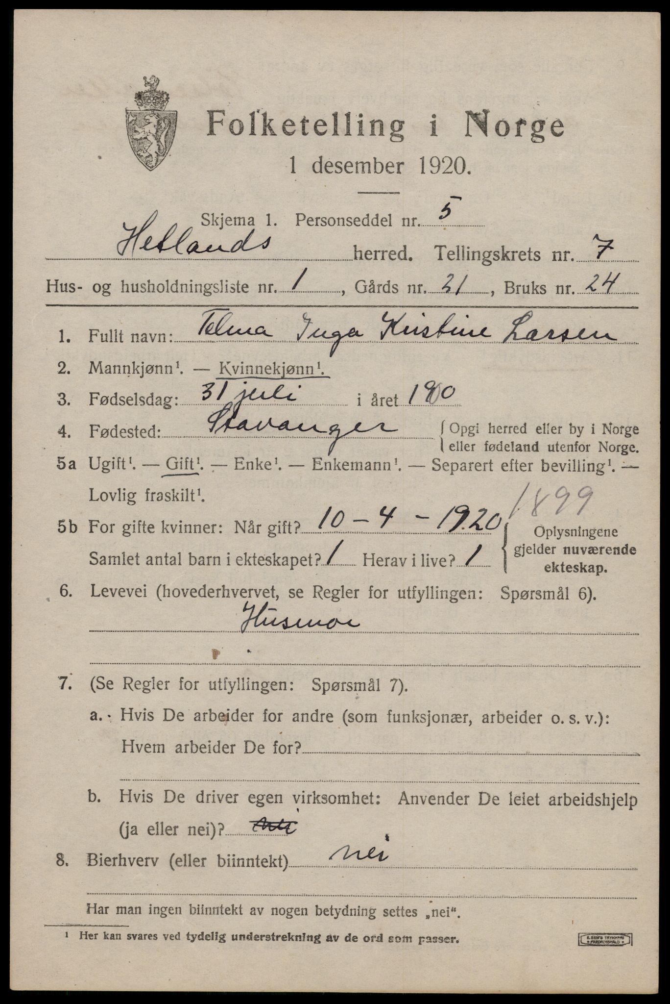 SAST, 1920 census for Hetland, 1920, p. 13895