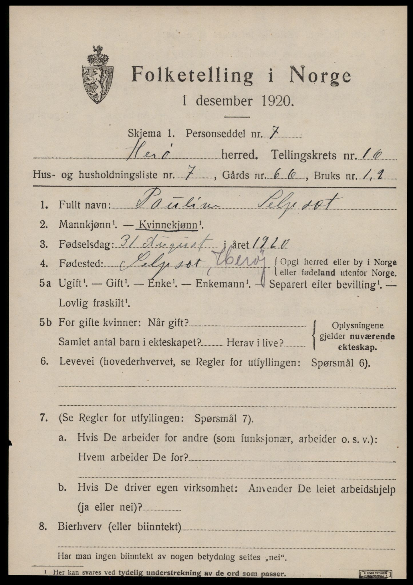 SAT, 1920 census for Herøy (MR), 1920, p. 10347