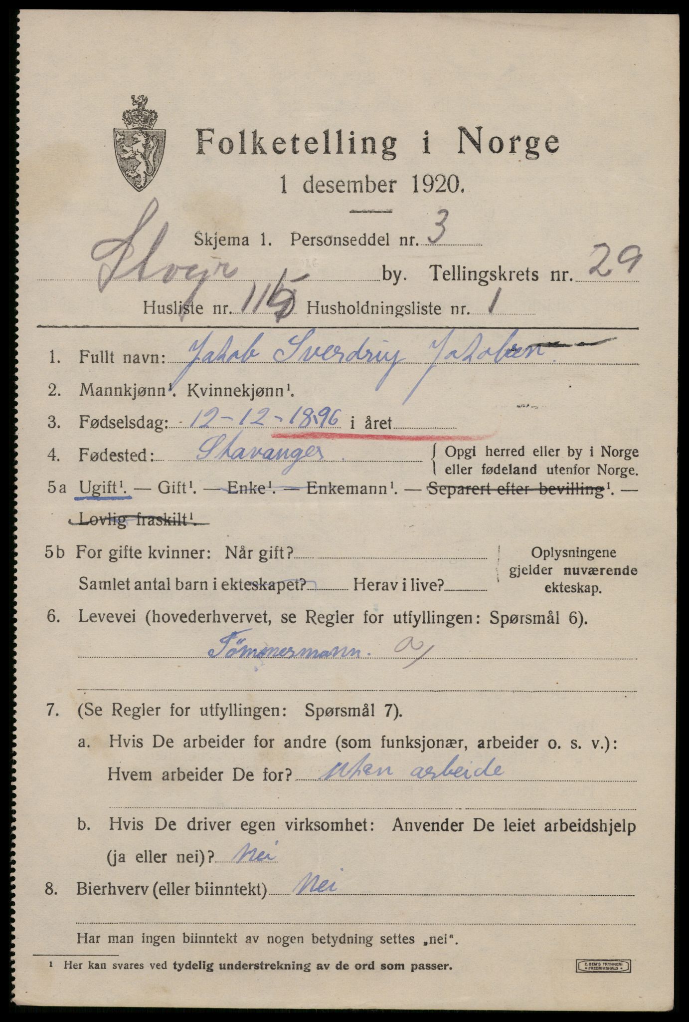 SAST, 1920 census for Stavanger, 1920, p. 84948