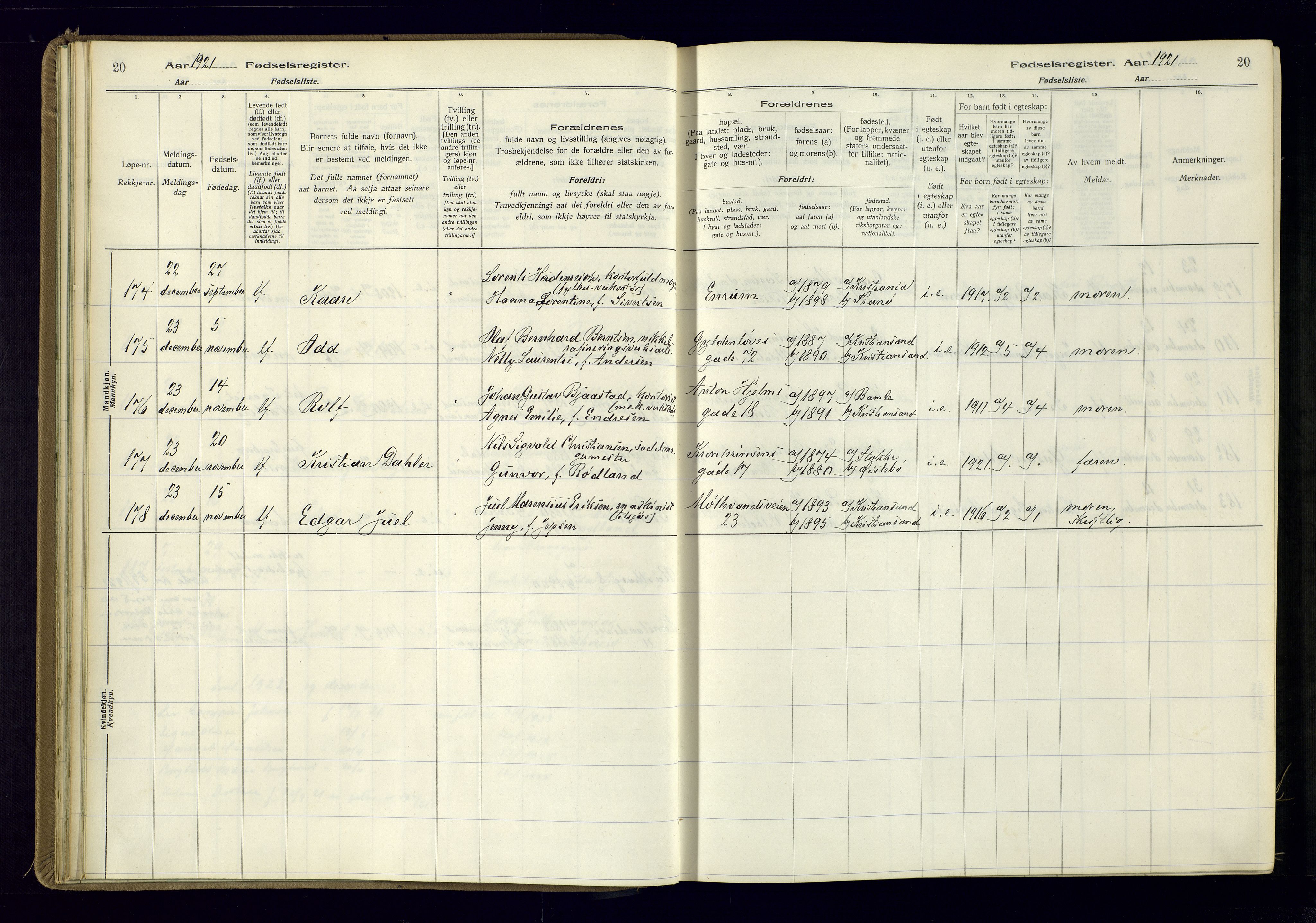 Kristiansand domprosti, AV/SAK-1112-0006/J/Jc/L0002: Birth register no. A-VI-46, 1921-1926, p. 20