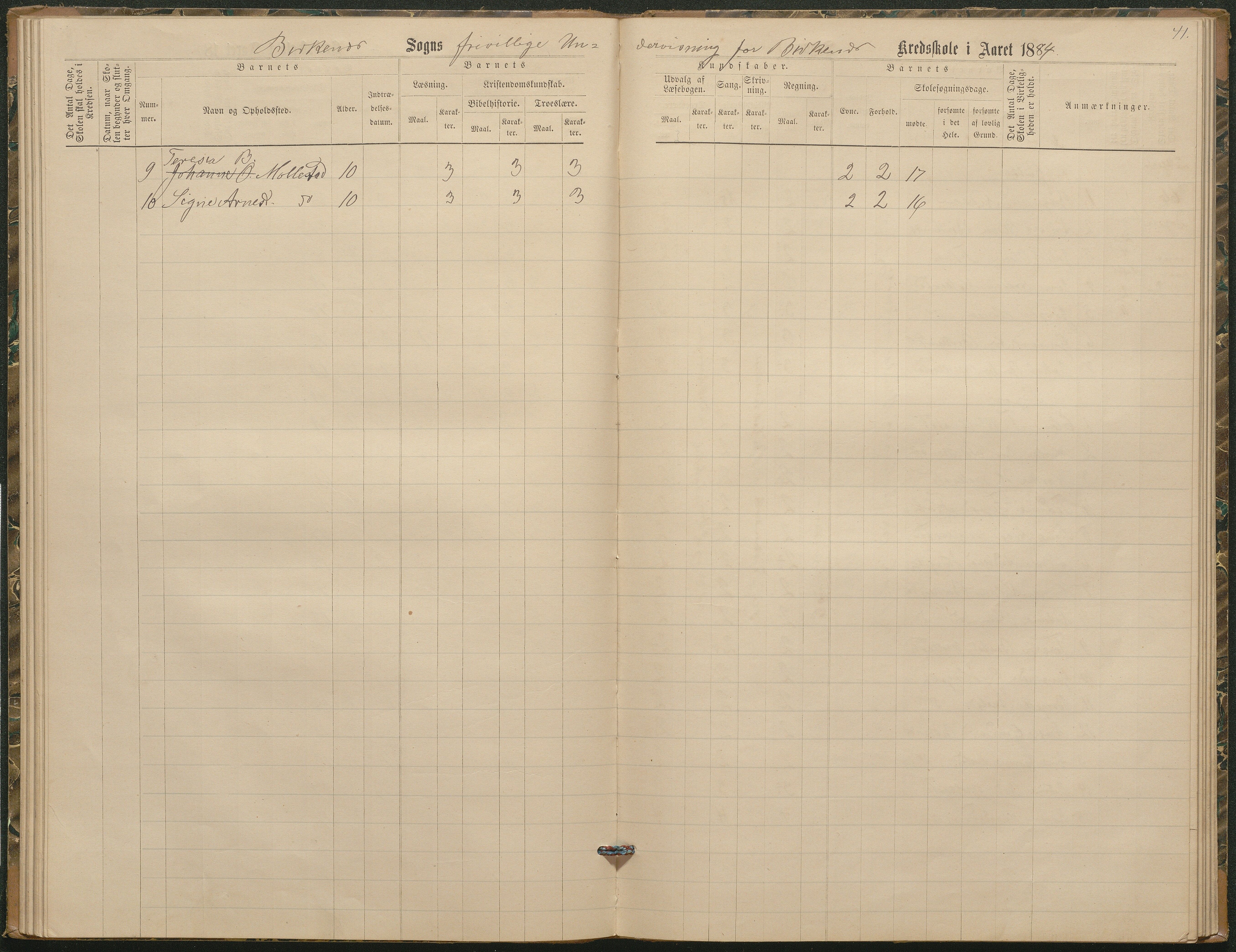 Birkenes kommune, Birkenes krets/Birkeland folkeskole frem til 1991, AAKS/KA0928-550a_91/F02/L0003: Skoleprotokoll, 1879-1891, p. 41