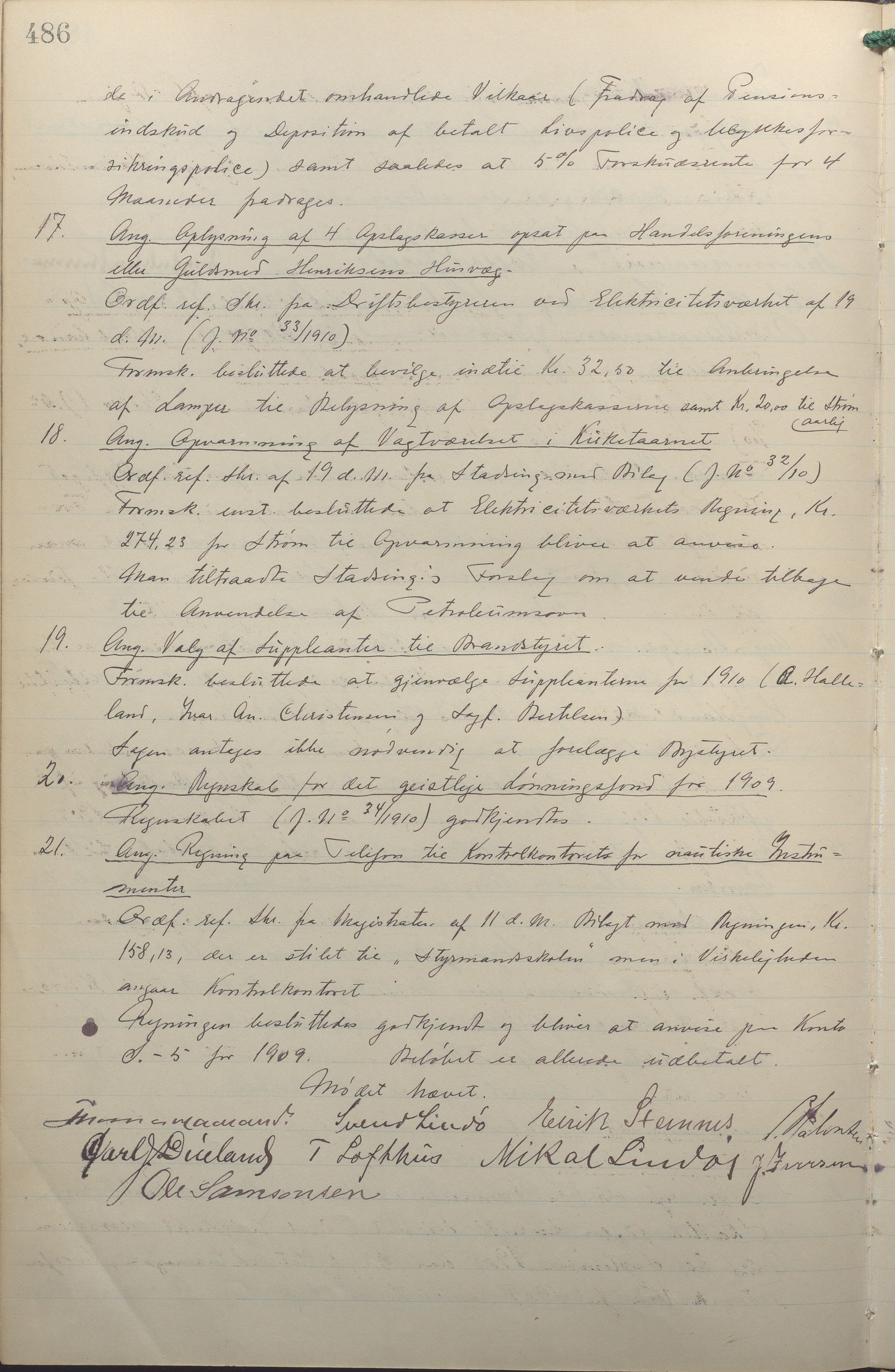 Haugesund kommune - Formannskapet, IKAR/X-0001/A/L0009: Møtebok, 1906-1910, p. 486