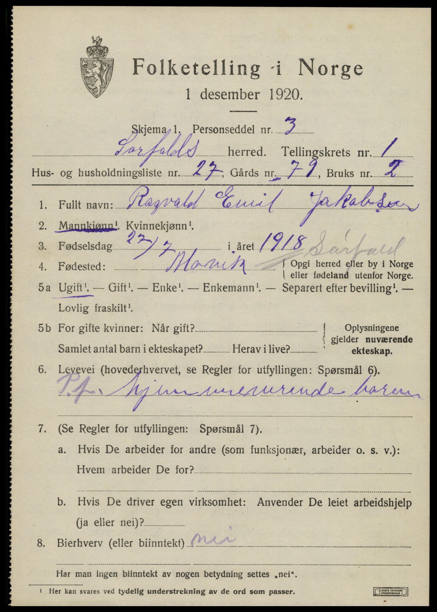 SAT, 1920 census for Sørfold, 1920, p. 1335