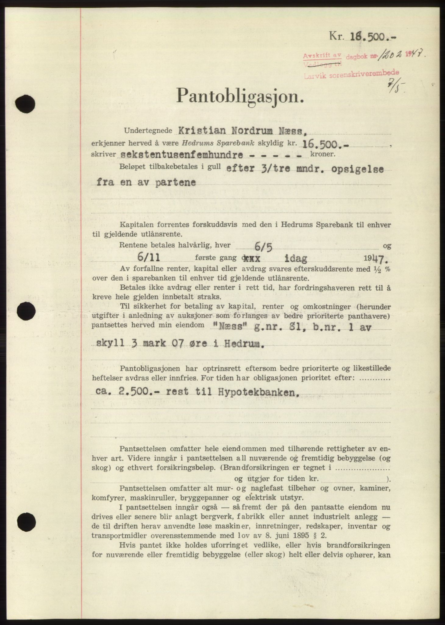 Larvik sorenskriveri, AV/SAKO-A-83/G/Ga/Gac/L0012: Mortgage book no. B-12, 1947-1947, Diary no: : 1202/1947