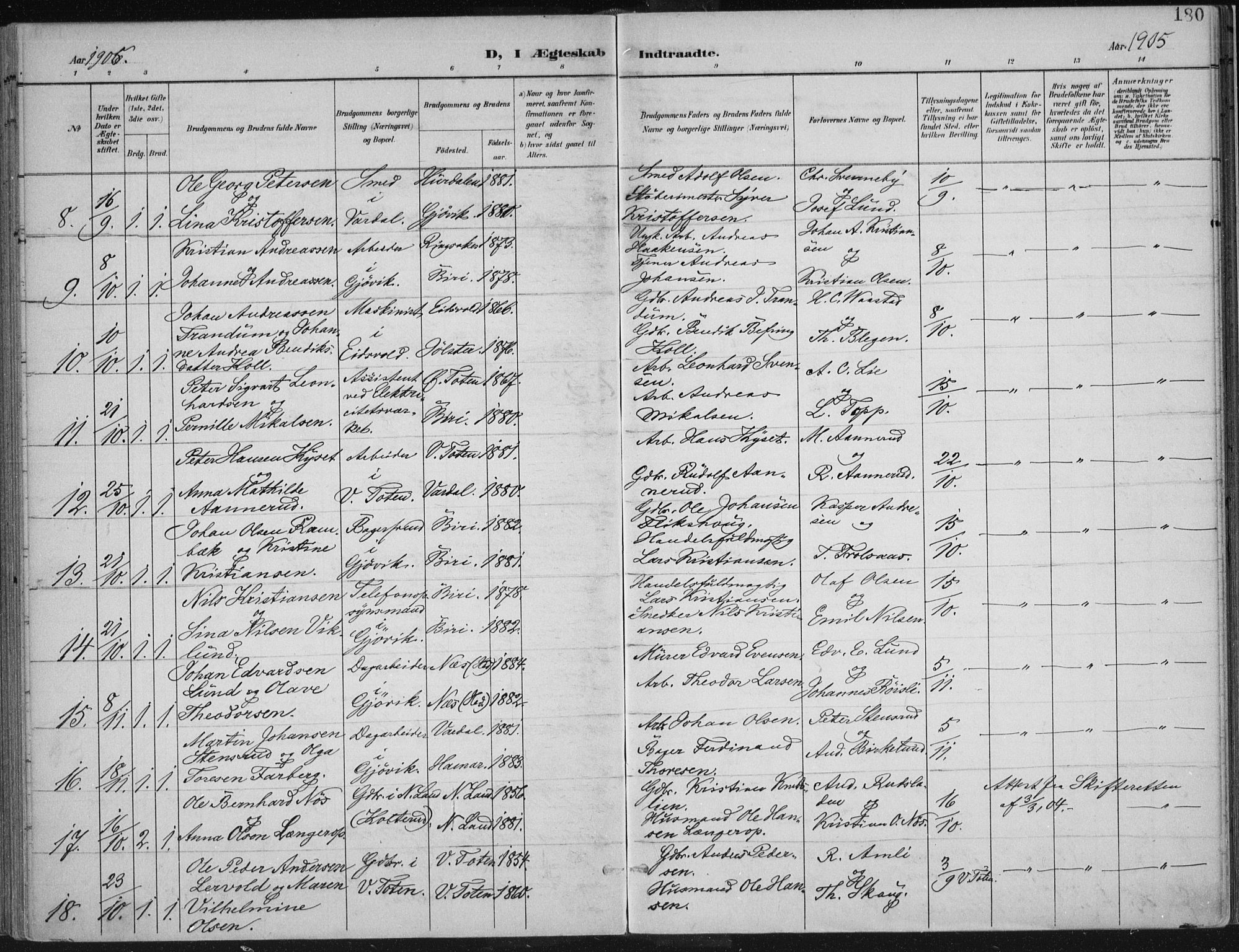 Vardal prestekontor, SAH/PREST-100/H/Ha/Haa/L0013: Parish register (official) no. 13, 1901-1911, p. 180