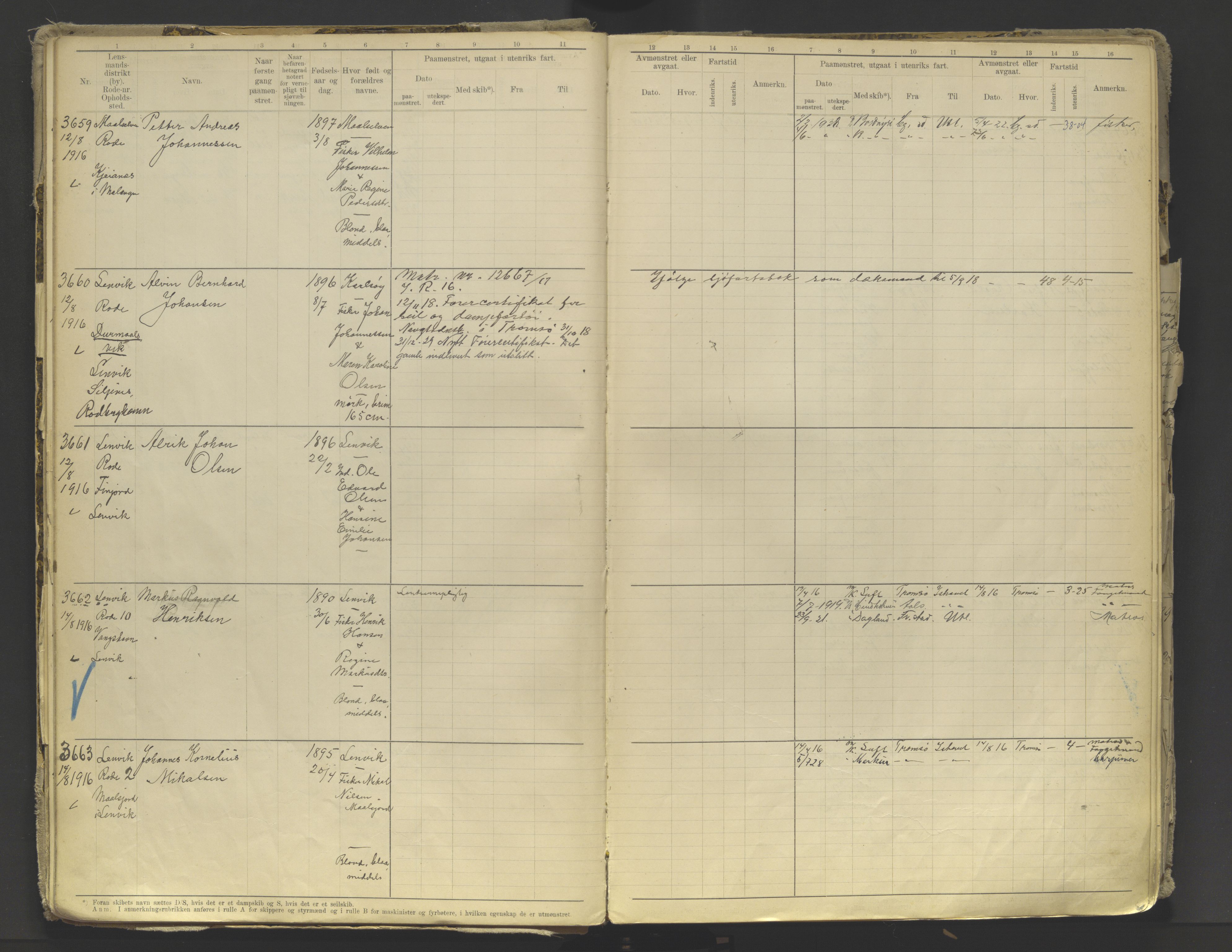 Tromsø sjømannskontor/innrullerings-/mønstringsdistrikt, AV/SATØ-S-0243/F/Fb/L0010: Annotasjonsrulle. Defekt: løs innbinding. Nr. 3519-4972, 1916-1920