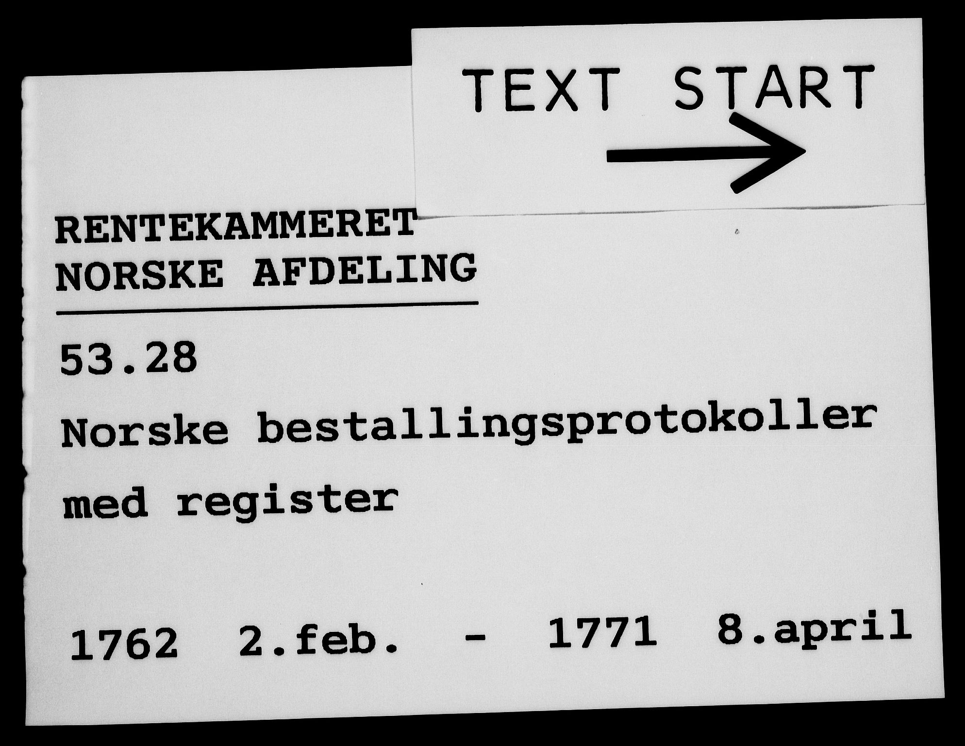 Rentekammeret, Kammerkanselliet, RA/EA-3111/G/Gg/Gge/L0004: Norsk bestallingsprotokoll med register (merket RK 53.28), 1762-1771