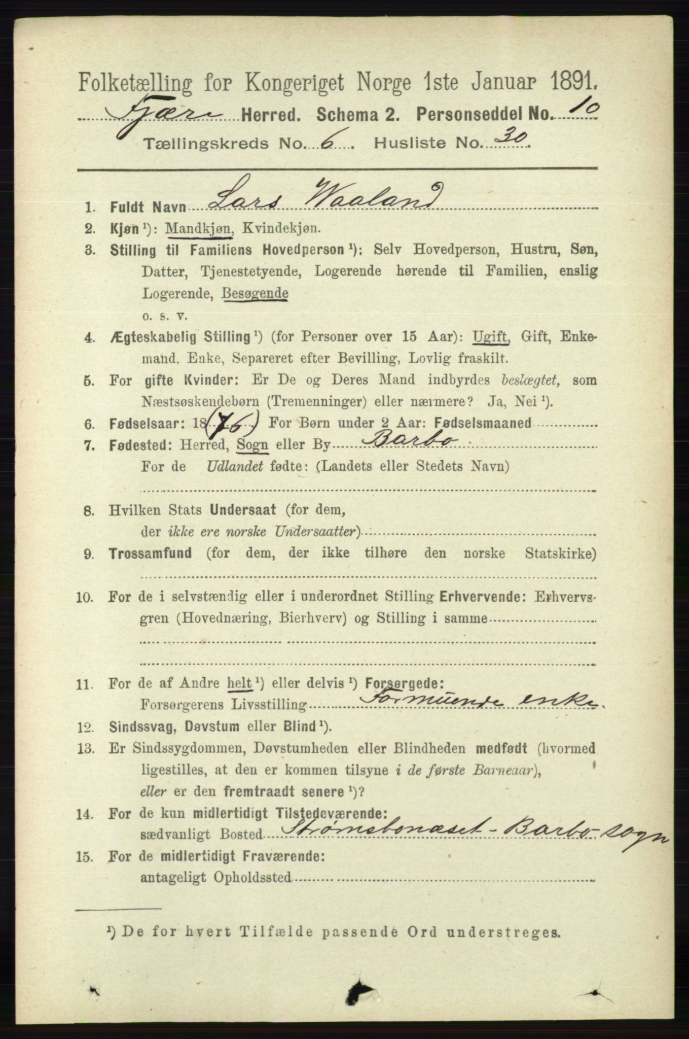 RA, 1891 census for 0923 Fjære, 1891, p. 3120