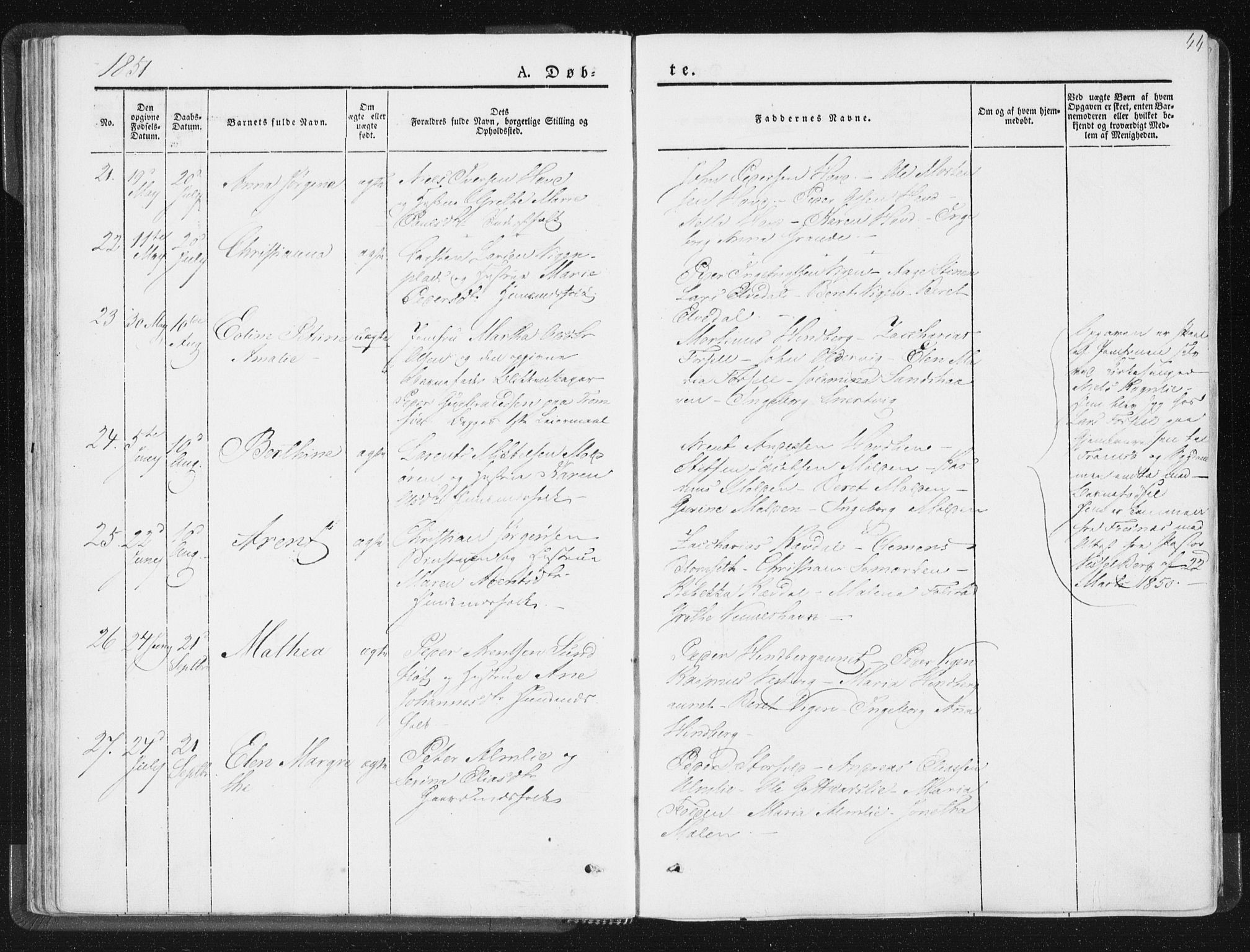 Ministerialprotokoller, klokkerbøker og fødselsregistre - Nord-Trøndelag, AV/SAT-A-1458/744/L0418: Parish register (official) no. 744A02, 1843-1866, p. 44