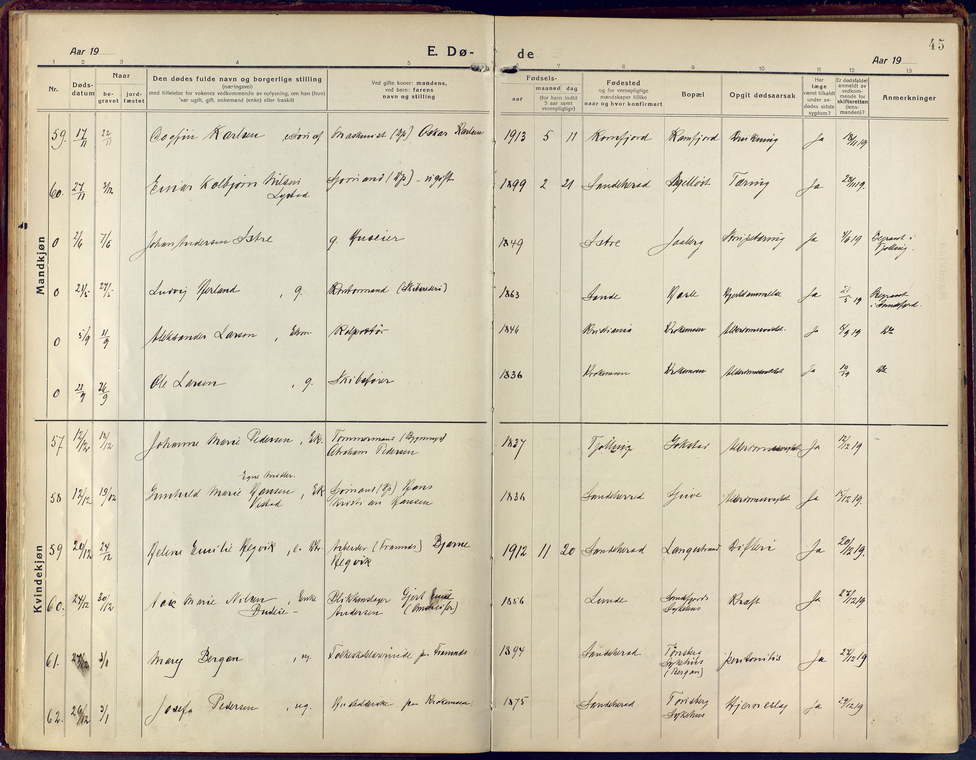 Sandar kirkebøker, SAKO/A-243/F/Fa/L0021: Parish register (official) no. 21, 1919-1925, p. 45