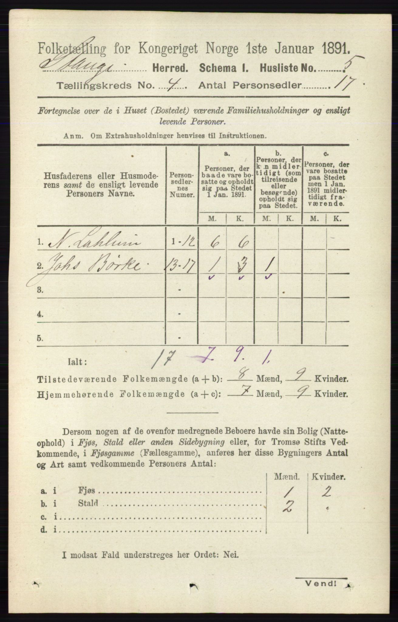 RA, 1891 census for 0417 Stange, 1891, p. 2233