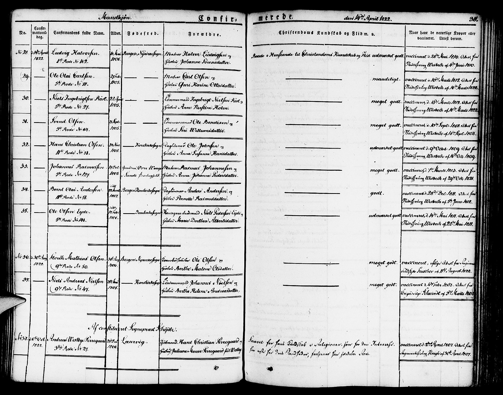 Nykirken Sokneprestembete, SAB/A-77101/H/Haa/L0012: Parish register (official) no. A 12, 1821-1844, p. 311
