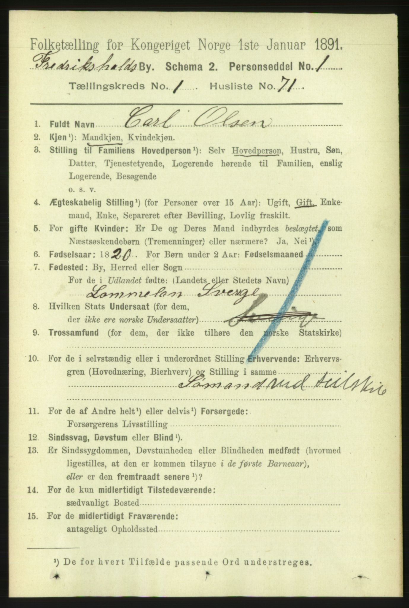 RA, 1891 census for 0101 Fredrikshald, 1891, p. 2630