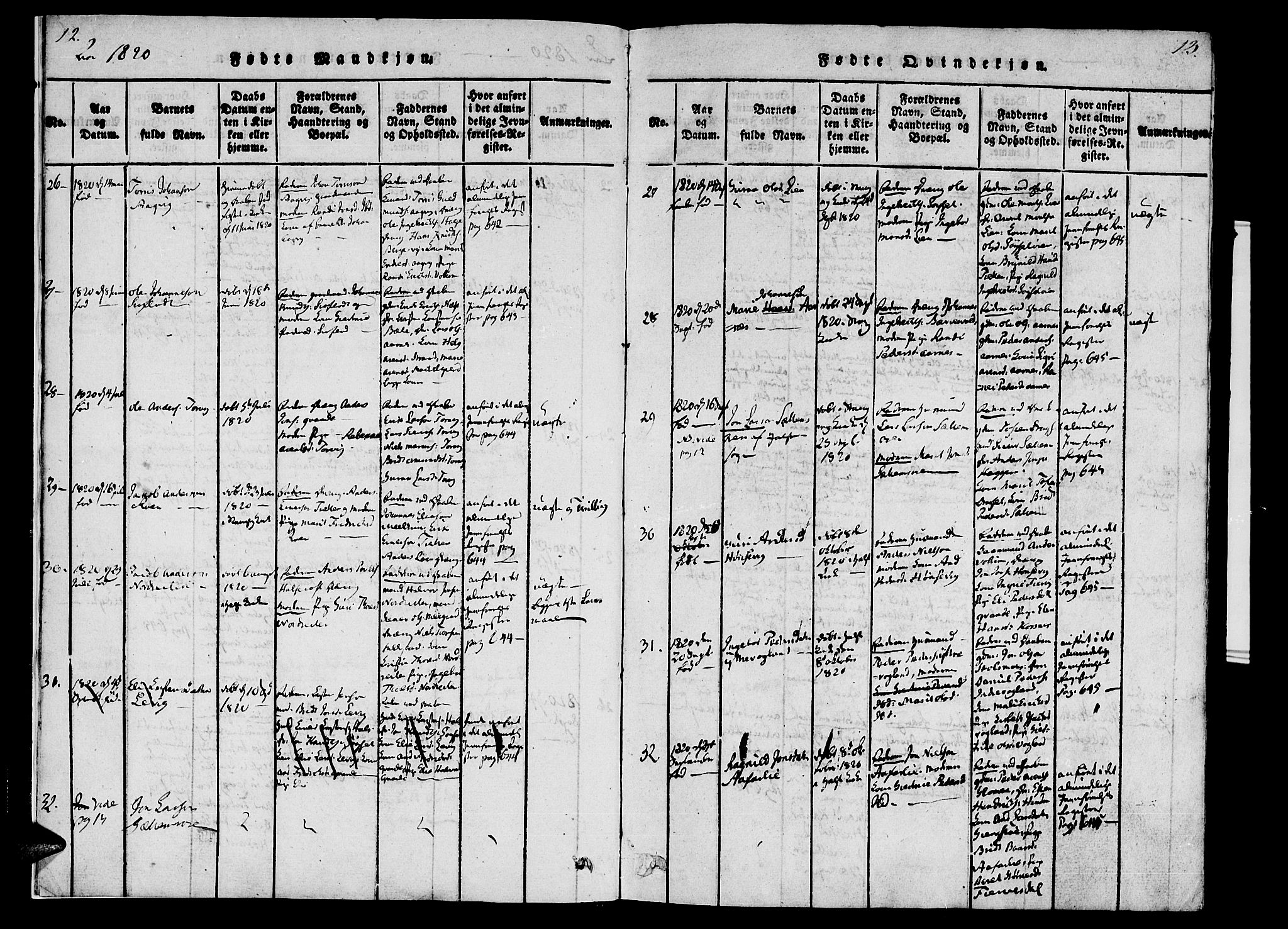 Ministerialprotokoller, klokkerbøker og fødselsregistre - Møre og Romsdal, SAT/A-1454/592/L1023: Parish register (official) no. 592A02, 1820-1830, p. 12-13