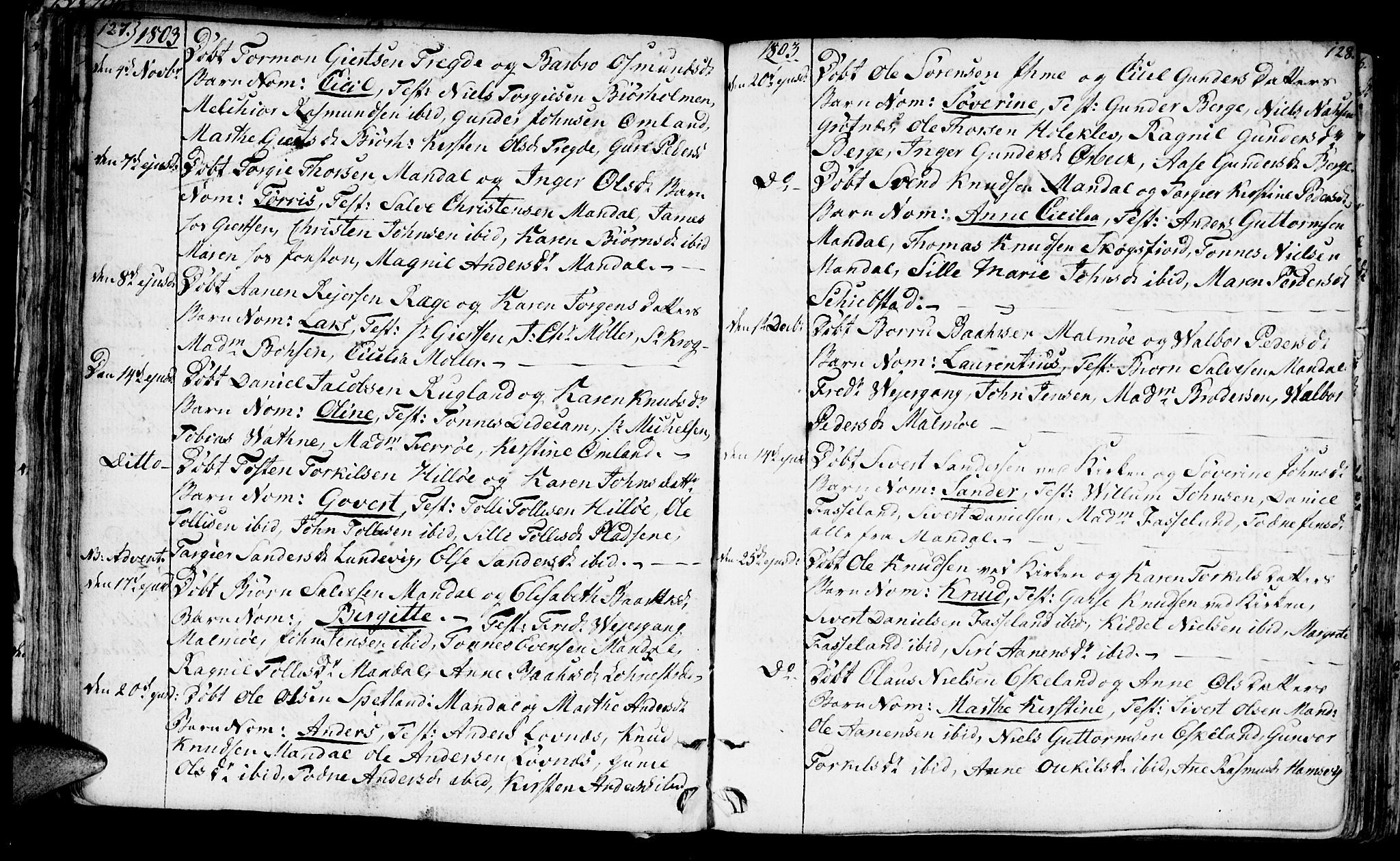 Mandal sokneprestkontor, SAK/1111-0030/F/Fa/Faa/L0008: Parish register (official) no. A 8, 1794-1817, p. 127-128