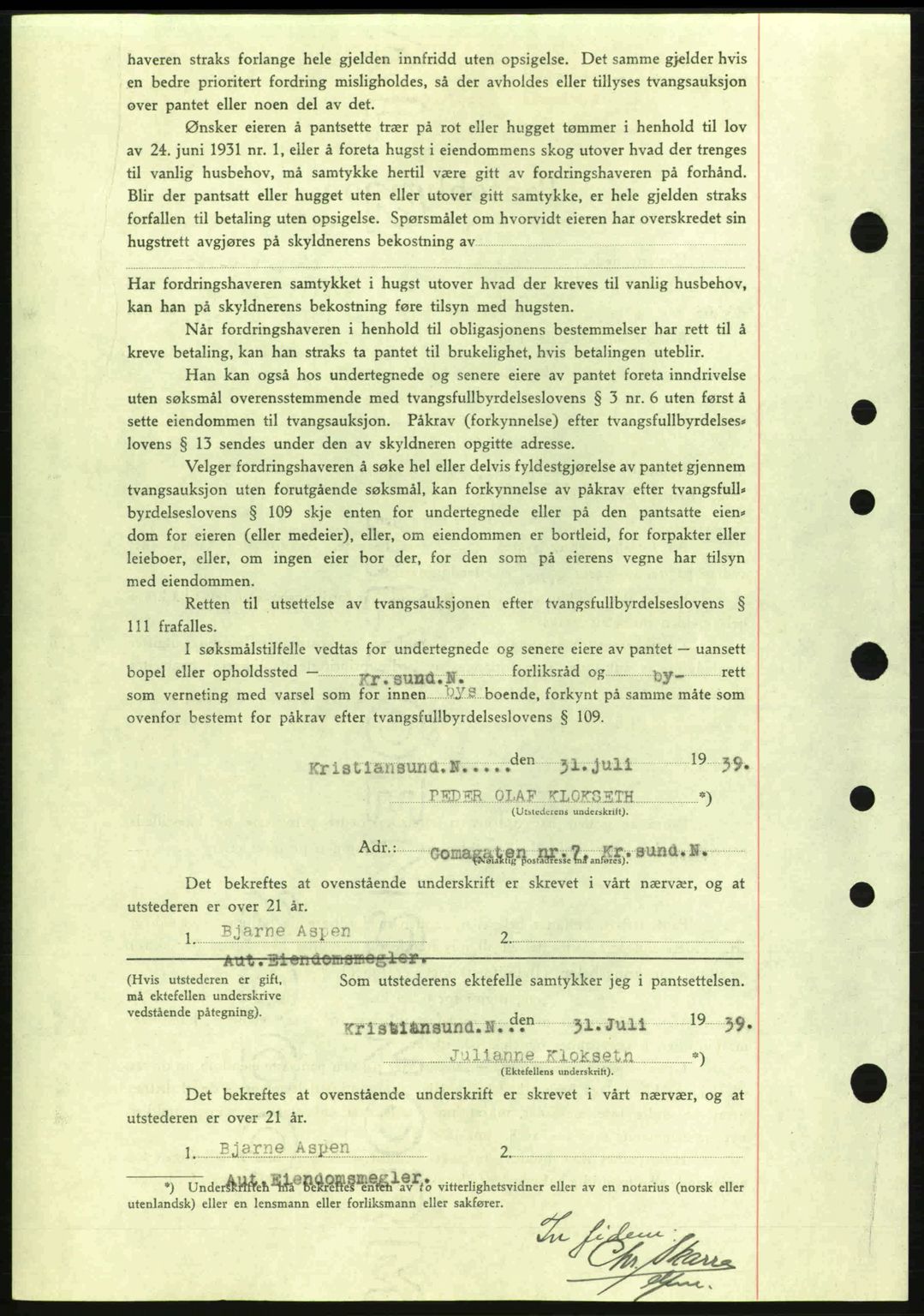 Kristiansund byfogd, SAT/A-4587/A/27: Mortgage book no. 31, 1938-1939, Diary no: : 635/1939