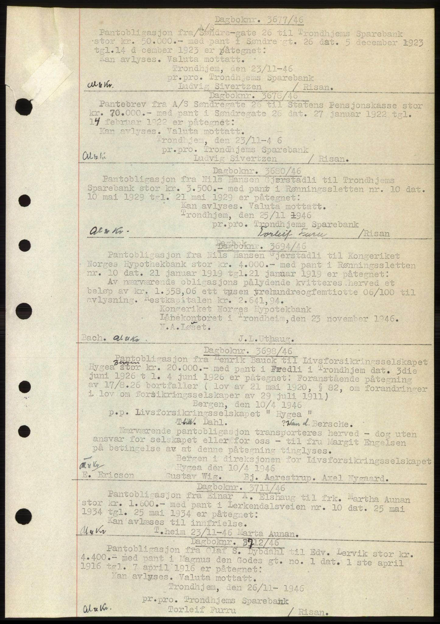 Trondheim byfogd, AV/SAT-A-0003/1/2/2C: Mortgage book no. C3b, 1946-1947, Diary no: : 3677/1946