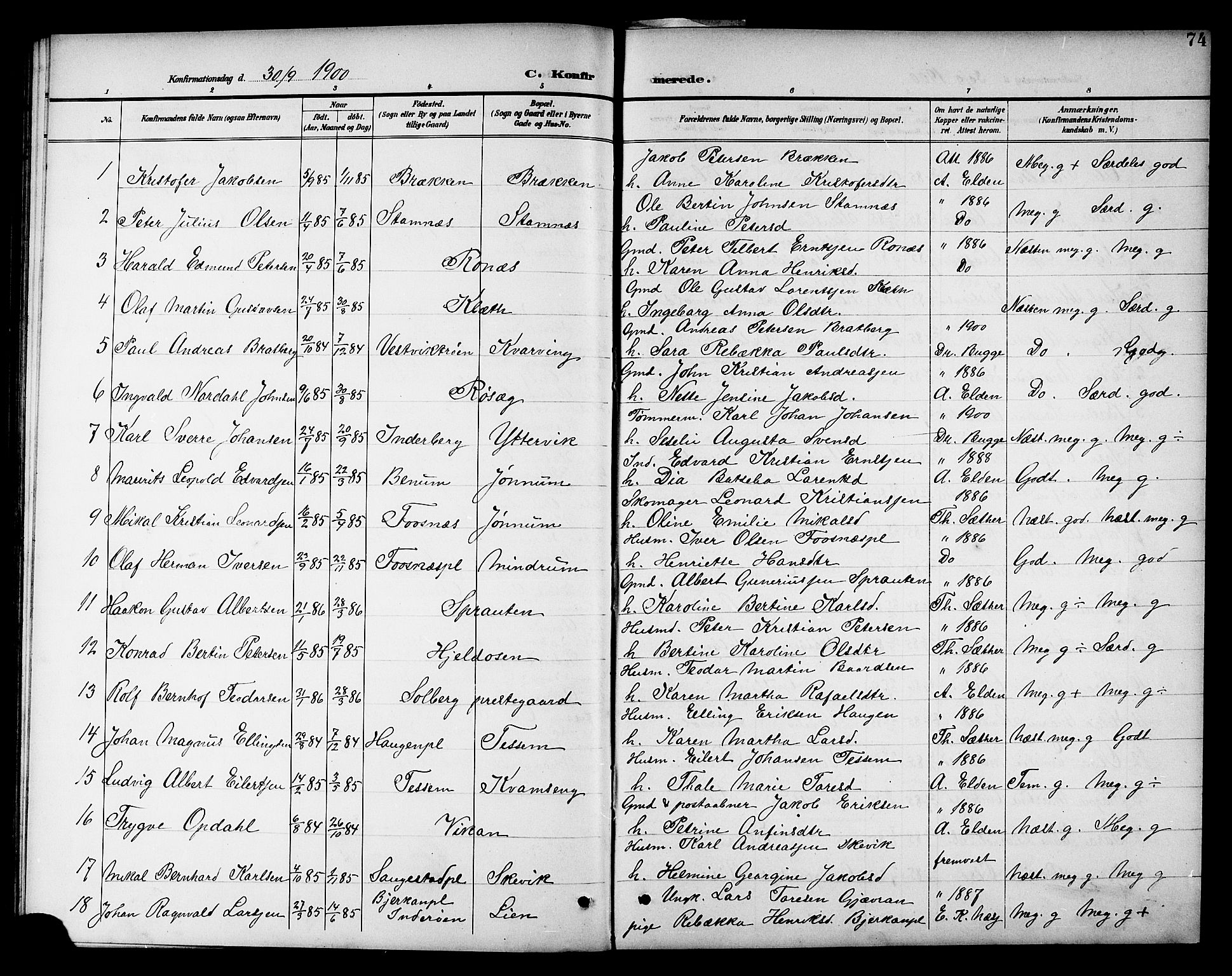 Ministerialprotokoller, klokkerbøker og fødselsregistre - Nord-Trøndelag, SAT/A-1458/741/L0401: Parish register (copy) no. 741C02, 1899-1911, p. 74