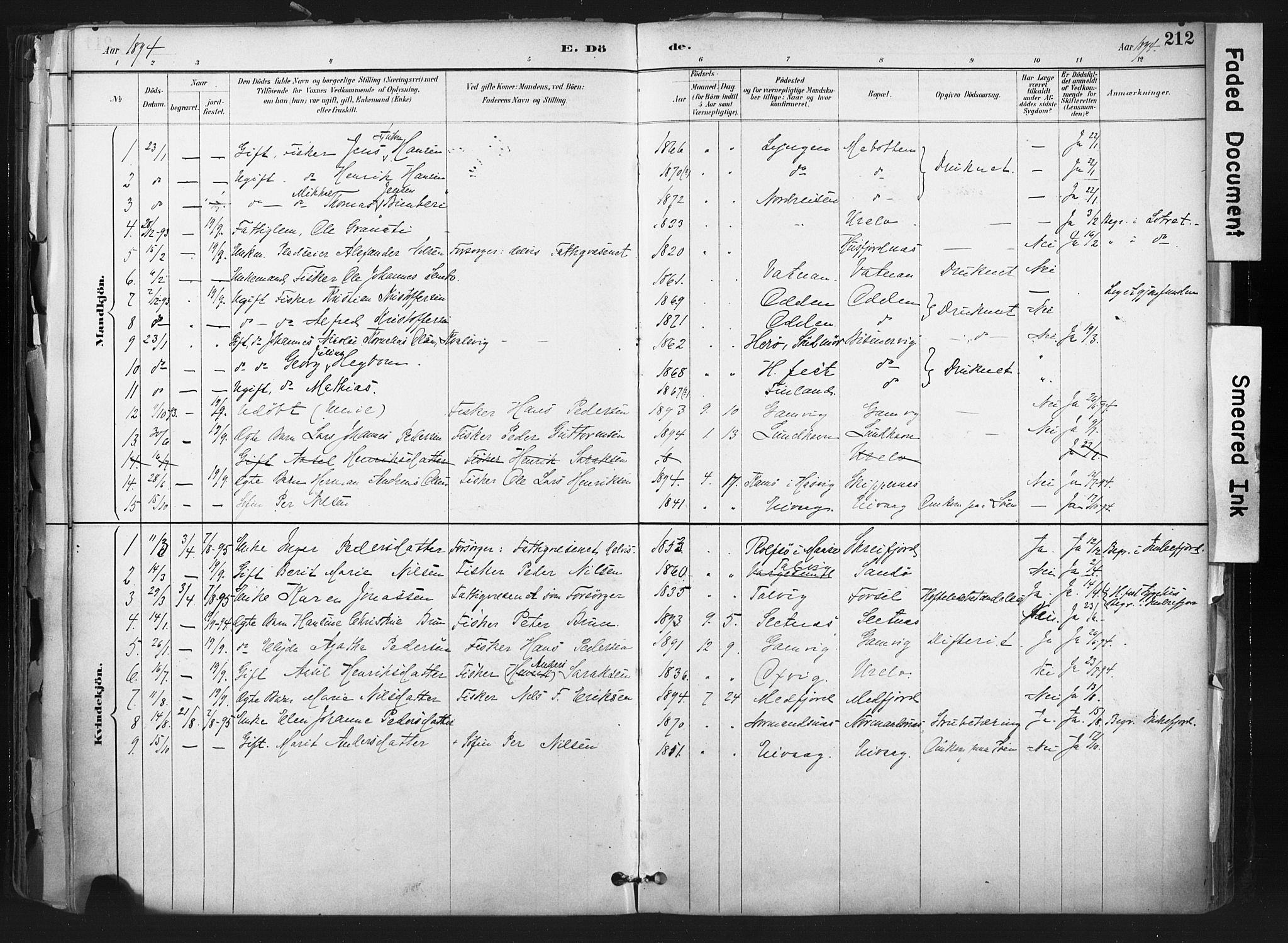 Hammerfest sokneprestkontor, SATØ/S-1347: Parish register (official) no. 11 /1, 1885-1897, p. 212