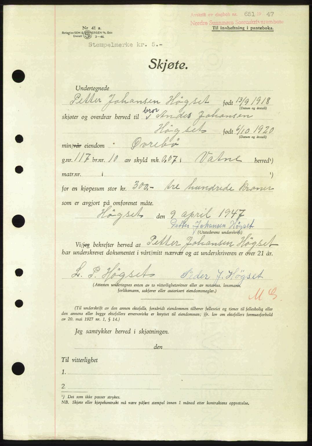 Nordre Sunnmøre sorenskriveri, AV/SAT-A-0006/1/2/2C/2Ca: Mortgage book no. A24, 1947-1947, Diary no: : 651/1947