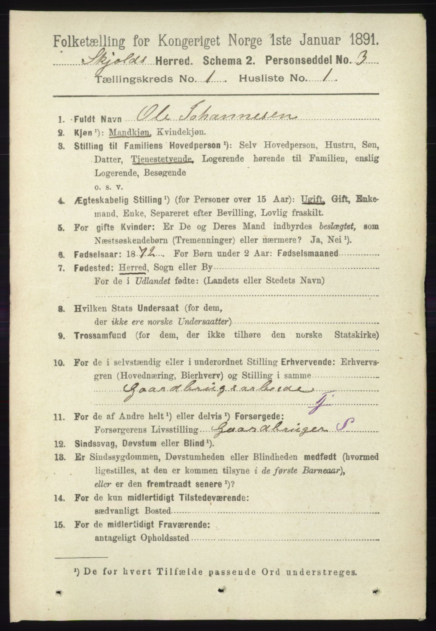 RA, 1891 census for 1154 Skjold, 1891, p. 75