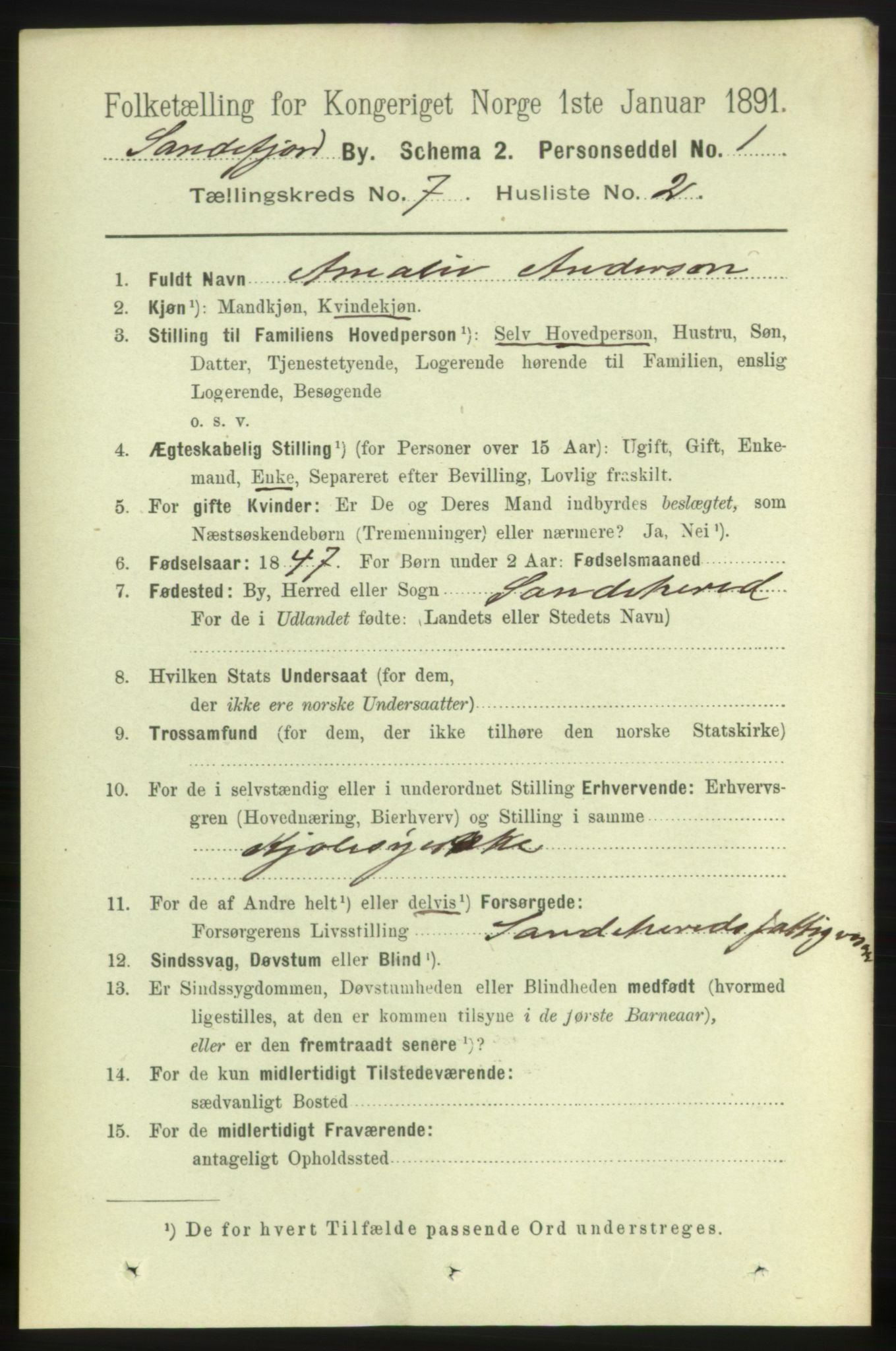 RA, 1891 census for 0706 Sandefjord, 1891, p. 2889