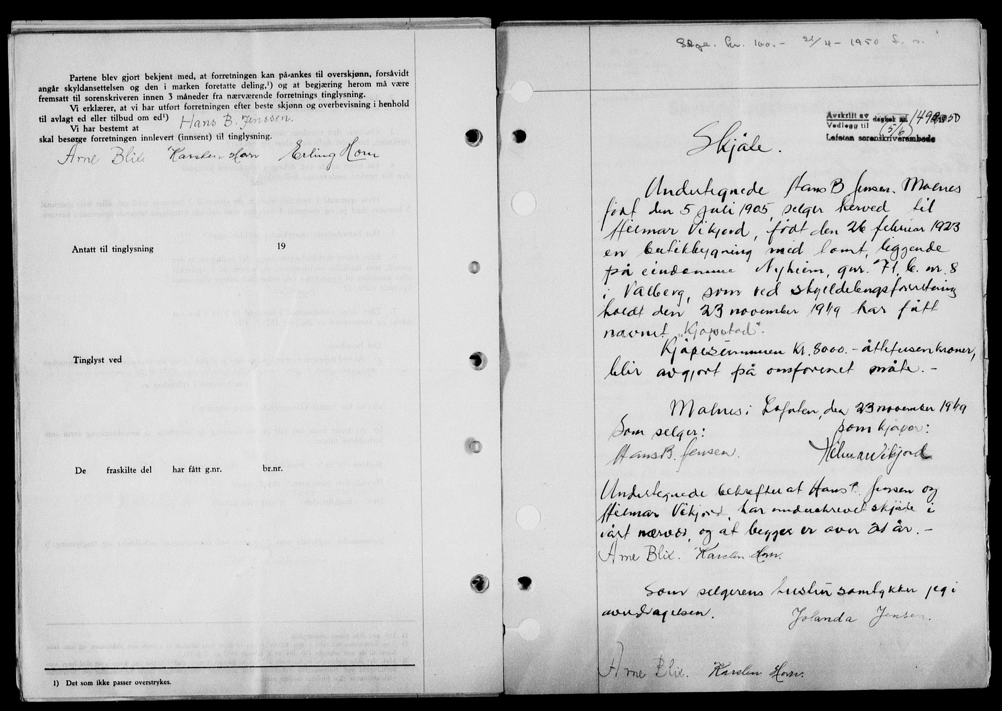 Lofoten sorenskriveri, SAT/A-0017/1/2/2C/L0023a: Mortgage book no. 23a, 1950-1950, Diary no: : 1493/1950