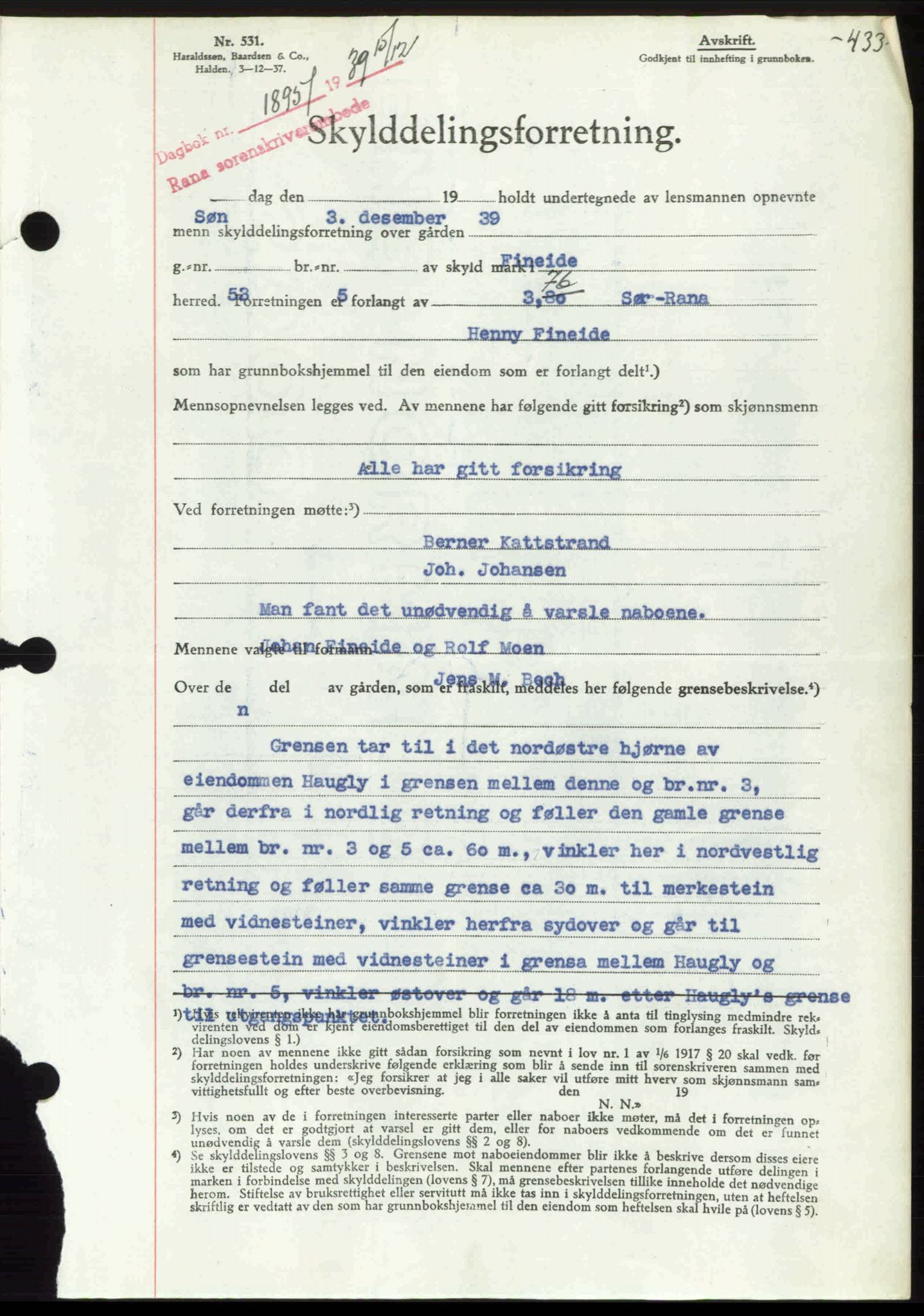 Rana sorenskriveri , SAT/A-1108/1/2/2C: Mortgage book no. A 6, 1939-1940, Diary no: : 1895/1939