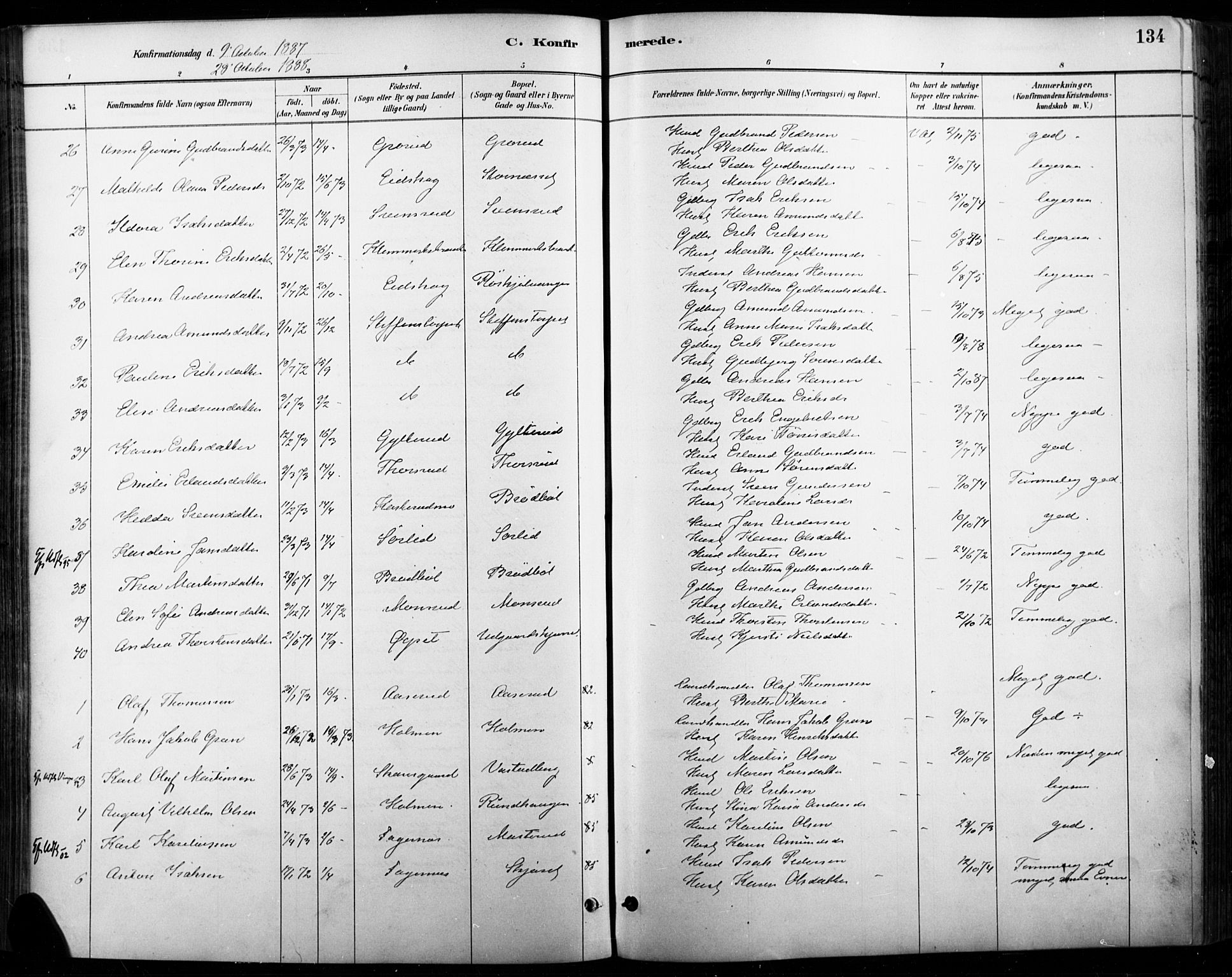 Vinger prestekontor, AV/SAH-PREST-024/H/Ha/Haa/L0015: Parish register (official) no. 15, 1881-1900, p. 134