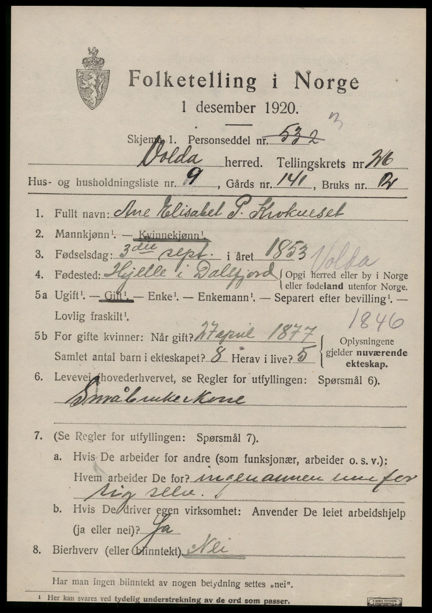 SAT, 1920 census for Volda, 1920, p. 12492