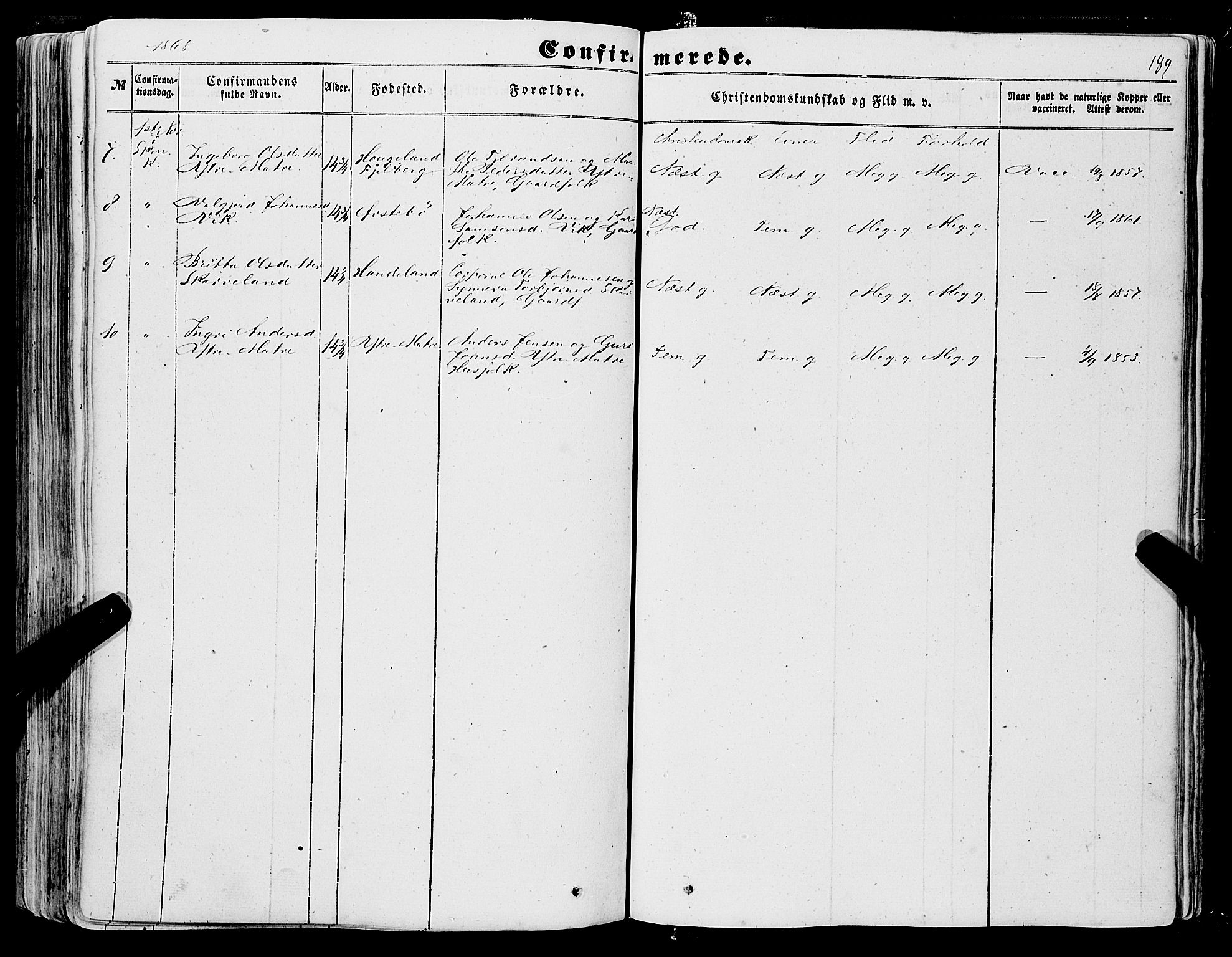 Skånevik sokneprestembete, AV/SAB-A-77801/H/Haa: Parish register (official) no. A 5I, 1848-1869, p. 189