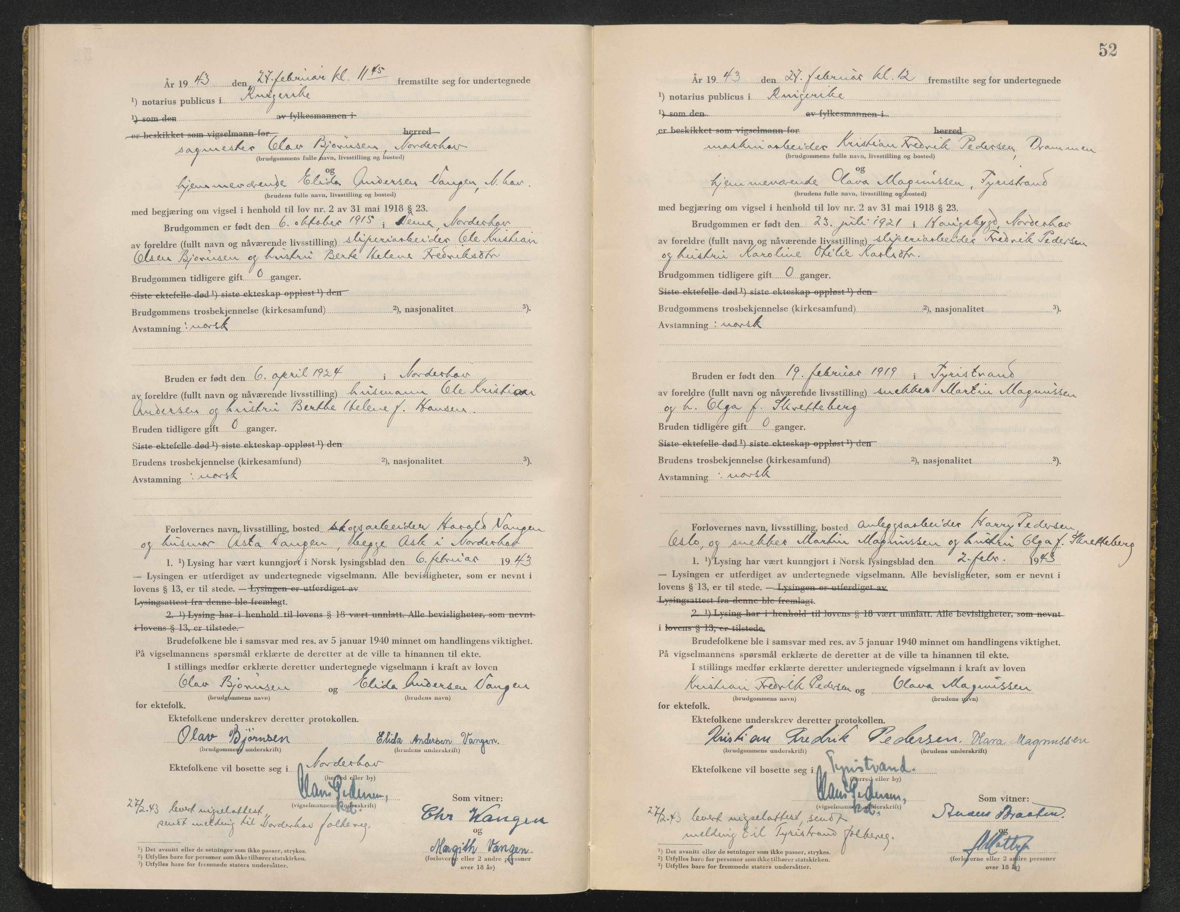 Ringerike sorenskriveri, AV/SAKO-A-105/L/Lc/L0002: Vigselsbok, 1942-1943, p. 52