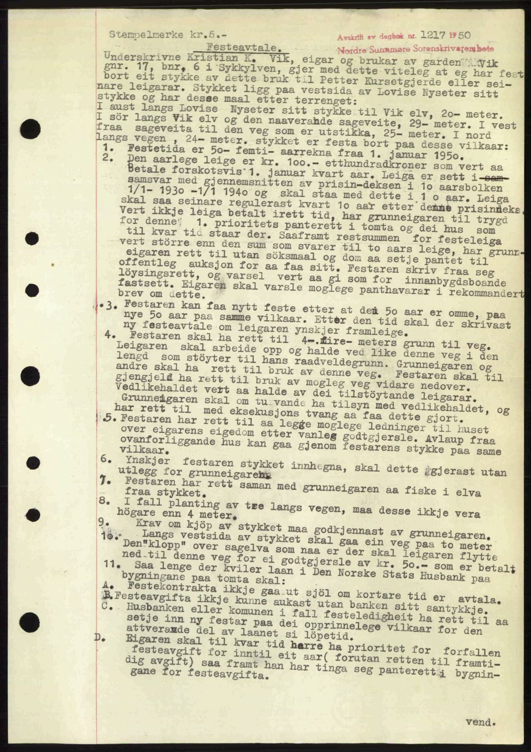 Nordre Sunnmøre sorenskriveri, AV/SAT-A-0006/1/2/2C/2Ca: Mortgage book no. A34, 1950-1950, Diary no: : 1217/1950