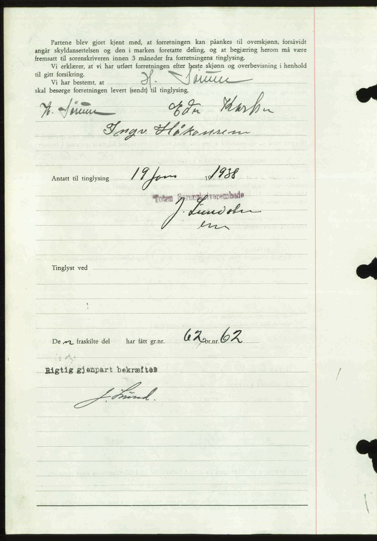 Toten tingrett, SAH/TING-006/H/Hb/Hbc/L0003: Mortgage book no. Hbc-03, 1937-1938, Diary no: : 114/1938