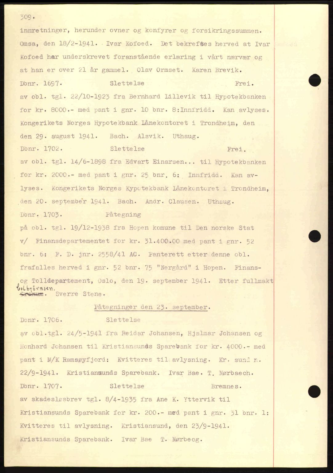 Nordmøre sorenskriveri, AV/SAT-A-4132/1/2/2Ca: Mortgage book no. C81, 1940-1945, Diary no: : 1697/1941