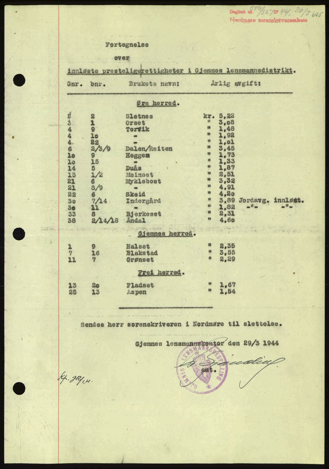 Nordmøre sorenskriveri, AV/SAT-A-4132/1/2/2Ca: Mortgage book no. B91, 1943-1944, Diary no: : 546/1944