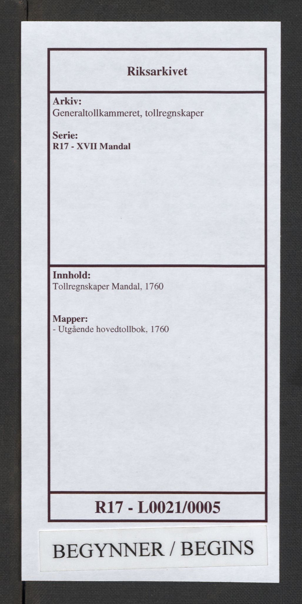 Generaltollkammeret, tollregnskaper, RA/EA-5490/R17/L0021/0005: Tollregnskaper Mandal / Utgående hovedtollbok, 1760