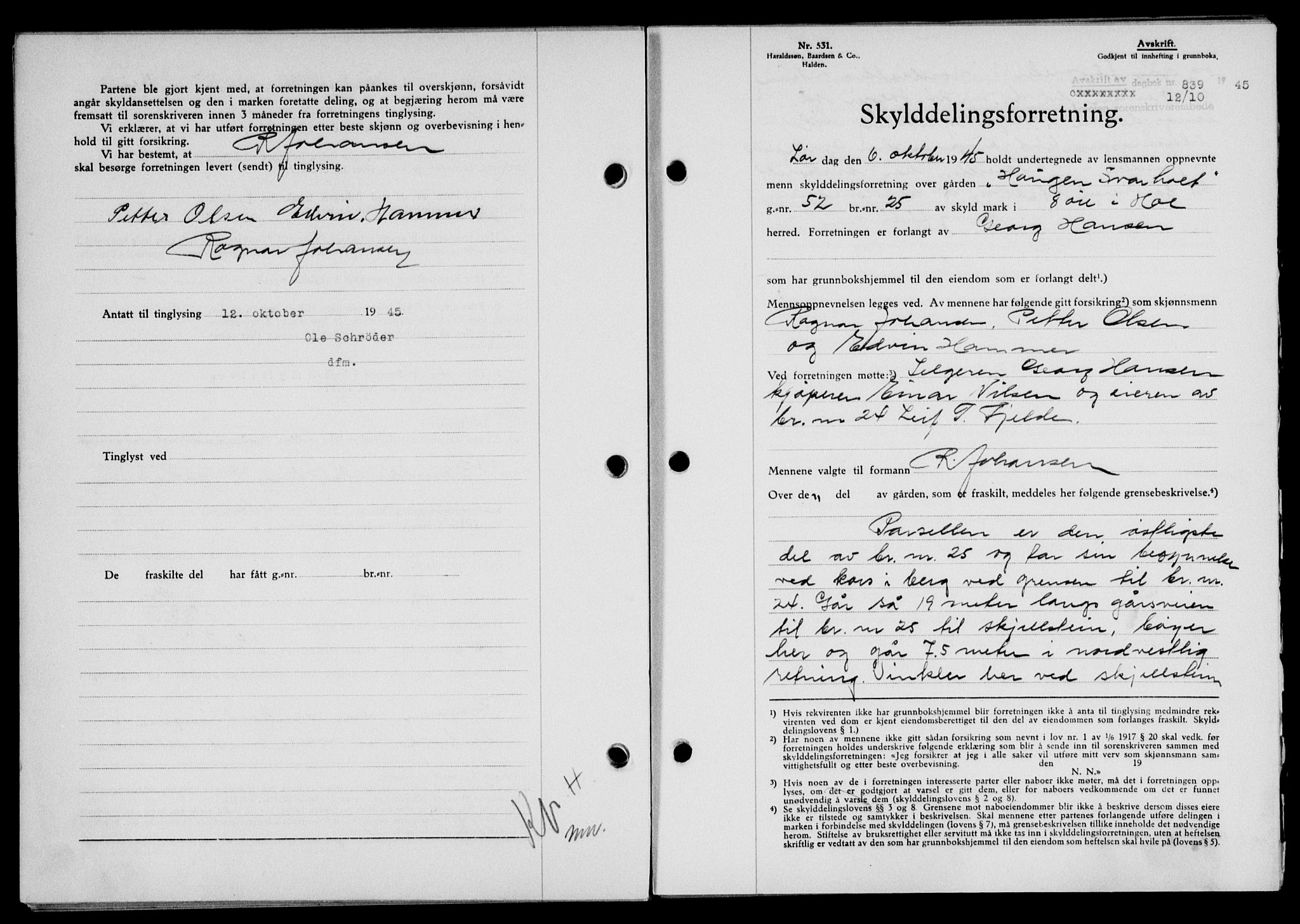 Lofoten sorenskriveri, SAT/A-0017/1/2/2C/L0013a: Mortgage book no. 13a, 1944-1946, Diary no: : 839/1945
