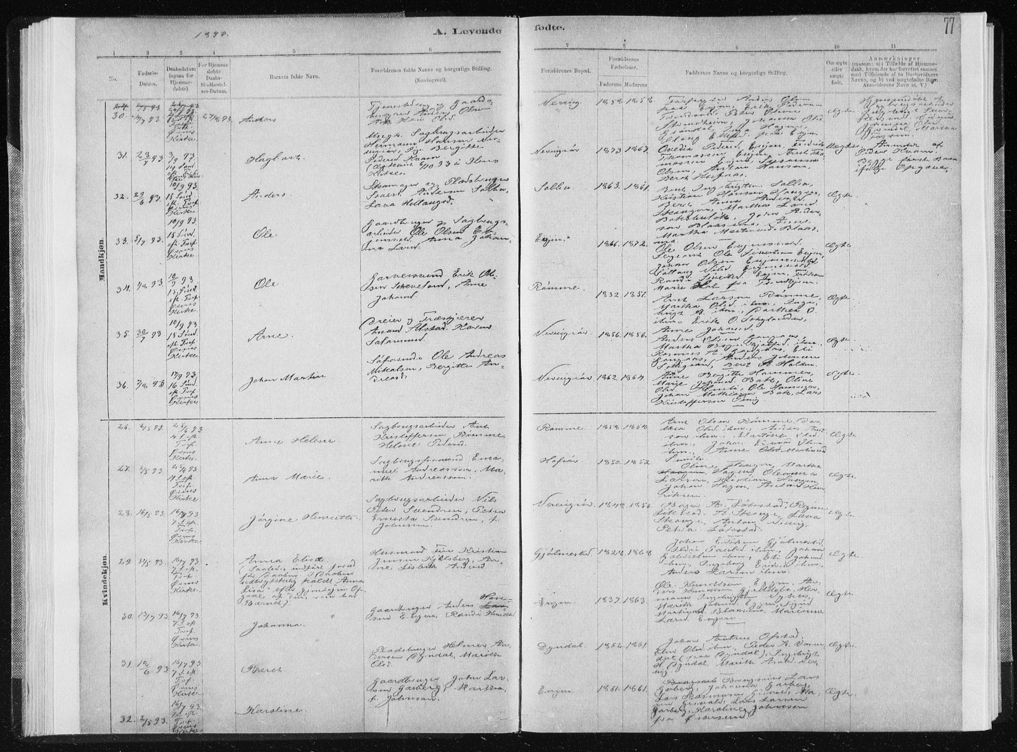 Ministerialprotokoller, klokkerbøker og fødselsregistre - Sør-Trøndelag, AV/SAT-A-1456/668/L0818: Parish register (copy) no. 668C07, 1885-1898, p. 77