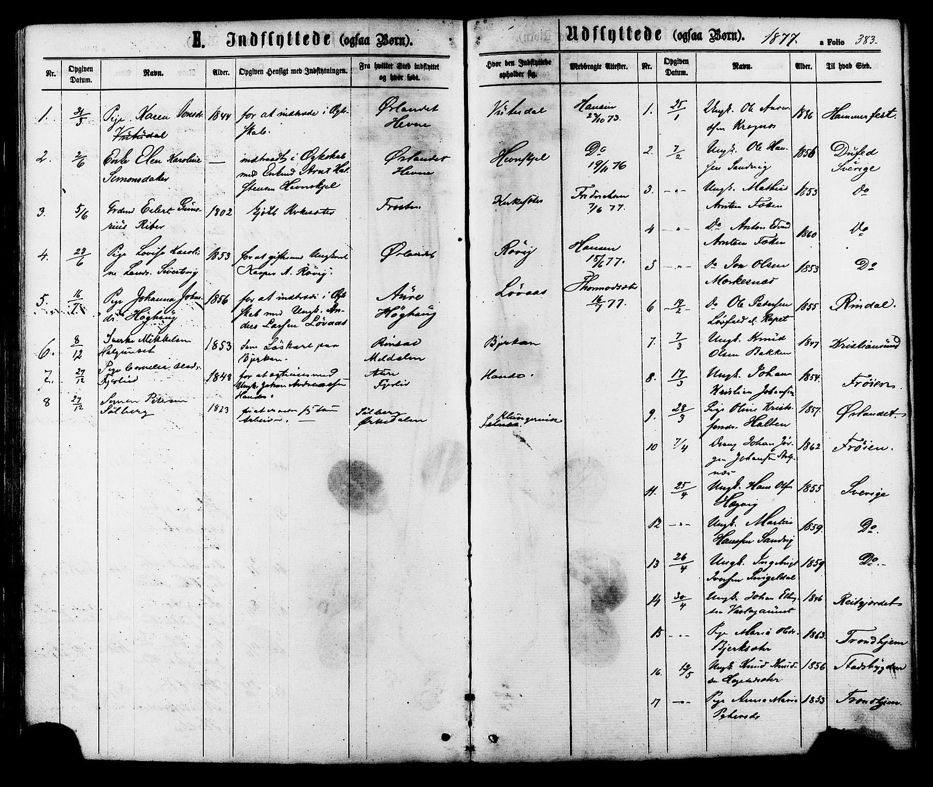Ministerialprotokoller, klokkerbøker og fødselsregistre - Sør-Trøndelag, SAT/A-1456/630/L0495: Parish register (official) no. 630A08, 1868-1878, p. 383