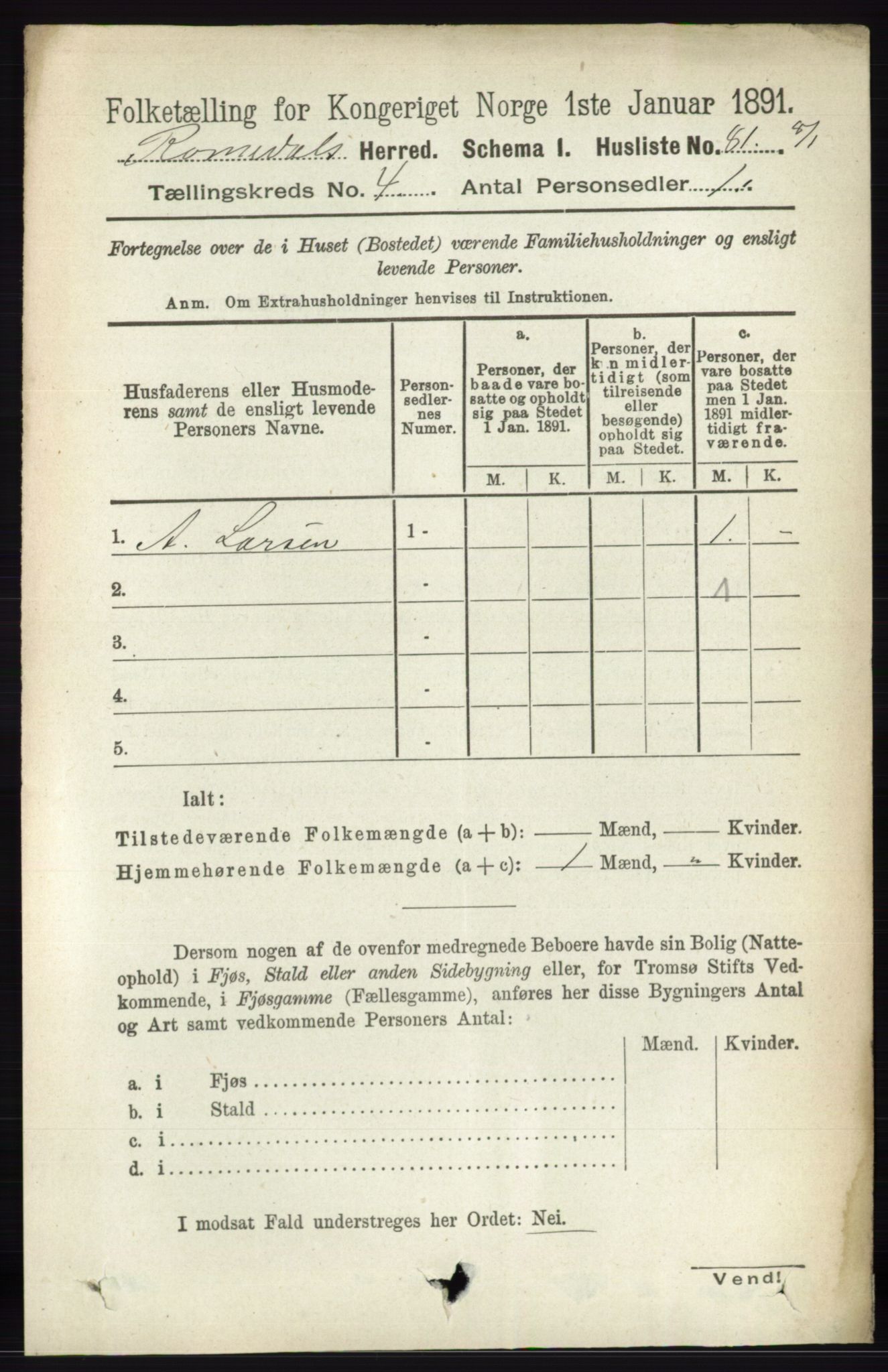 RA, 1891 census for 0416 Romedal, 1891, p. 1965