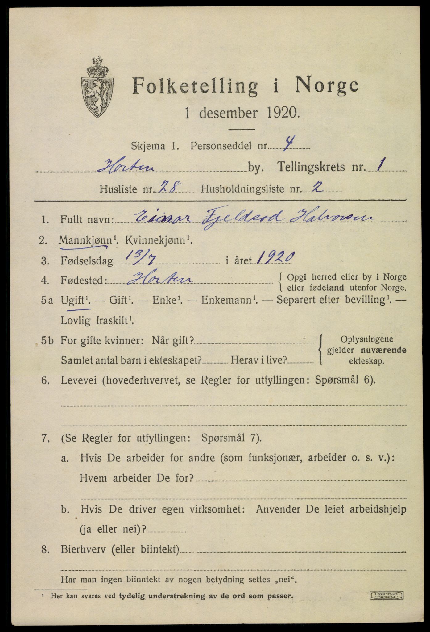 SAKO, 1920 census for Horten, 1920, p. 9135
