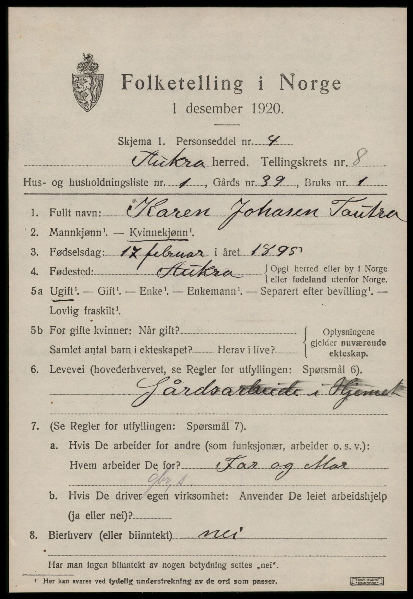 SAT, 1920 census for Aukra, 1920, p. 4475