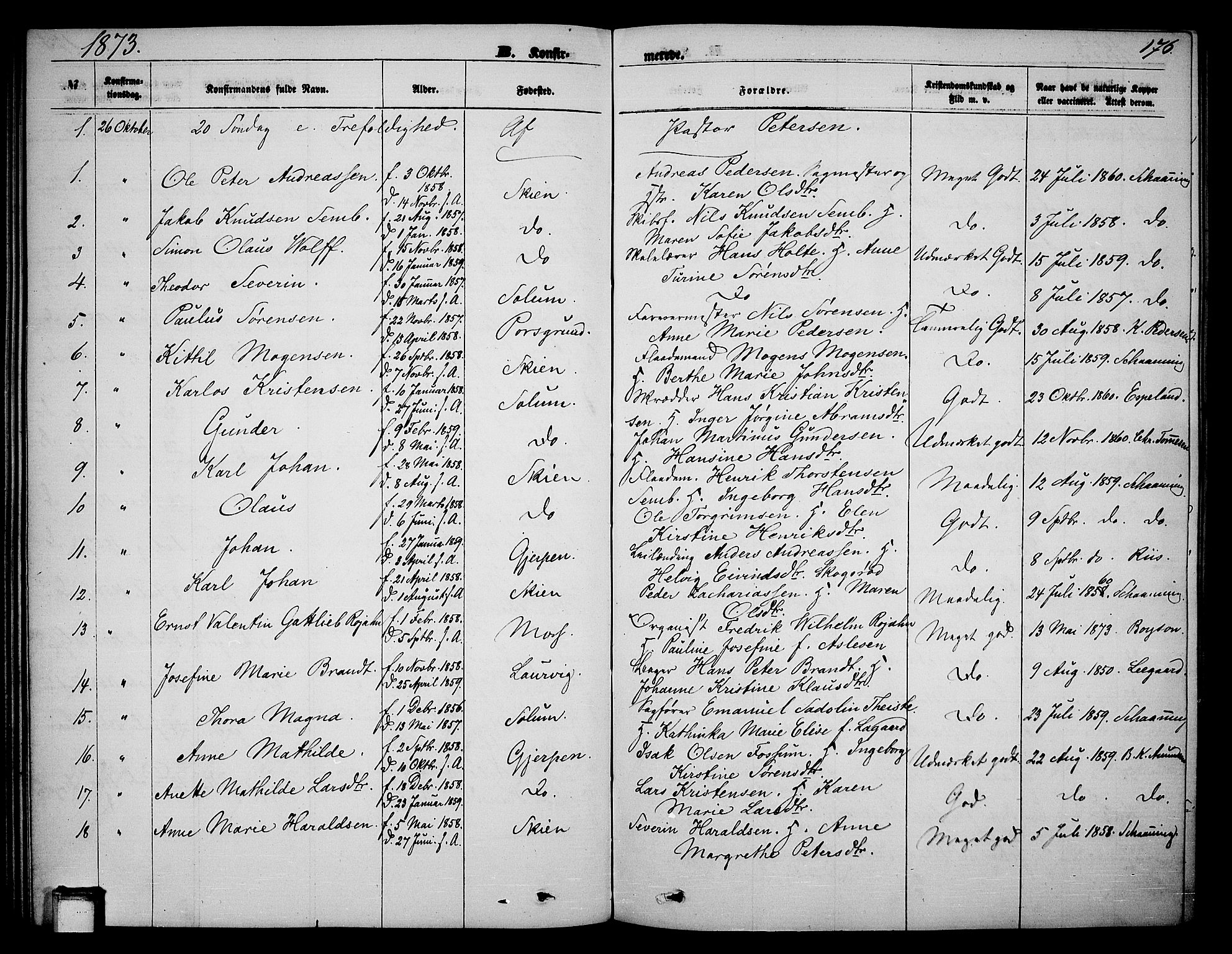Skien kirkebøker, SAKO/A-302/G/Ga/L0005: Parish register (copy) no. 5, 1868-1880, p. 176