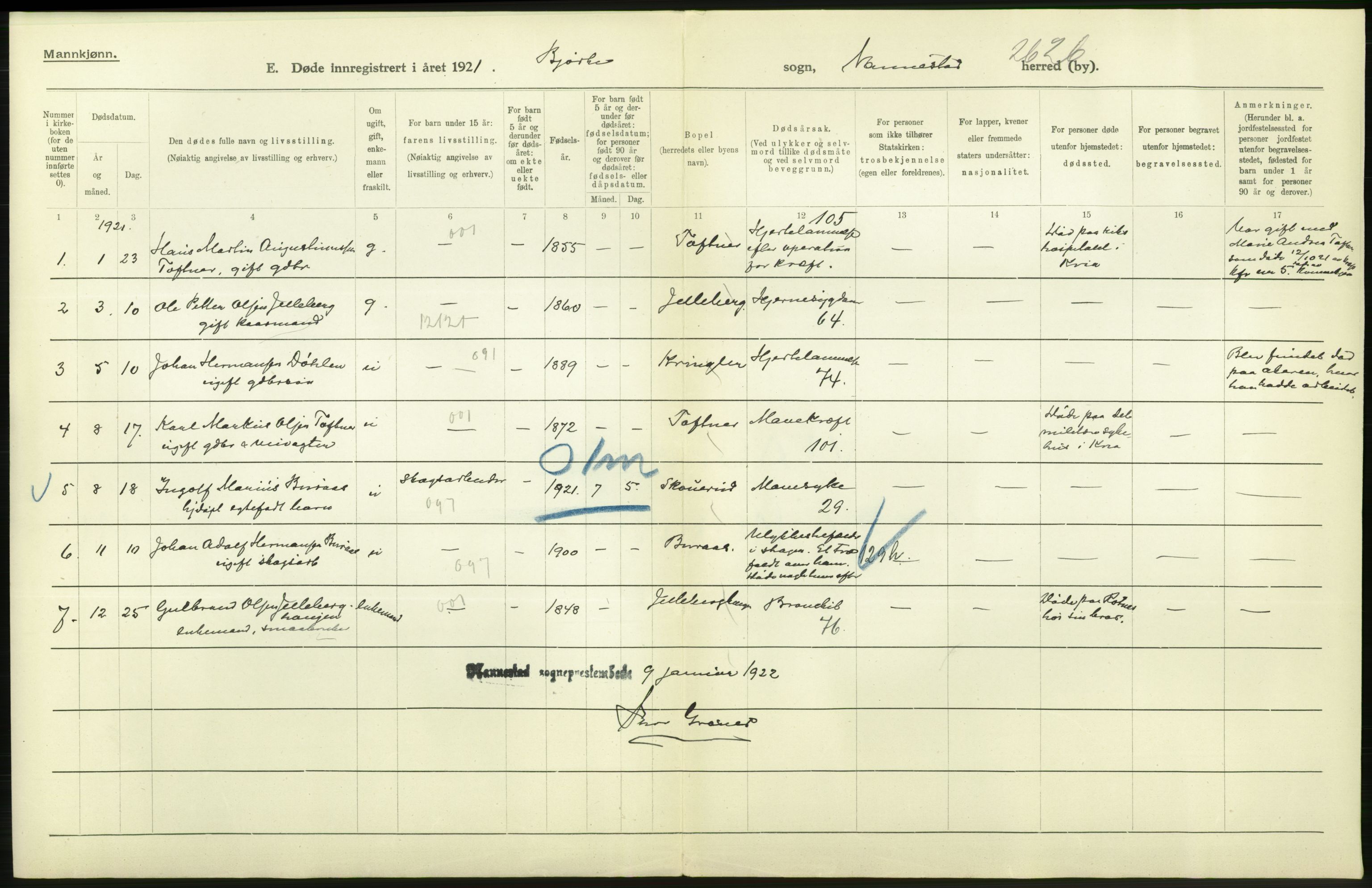 Statistisk sentralbyrå, Sosiodemografiske emner, Befolkning, AV/RA-S-2228/D/Df/Dfc/Dfca/L0007: Akershus fylke: Døde. Bygder og byer., 1921, p. 490