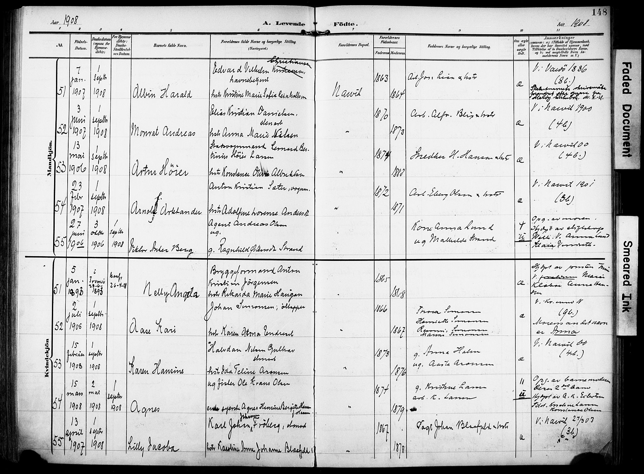 Ministerialprotokoller, klokkerbøker og fødselsregistre - Nordland, AV/SAT-A-1459/871/L0994: Parish register (official) no. 871A10, 1902-1910, p. 148